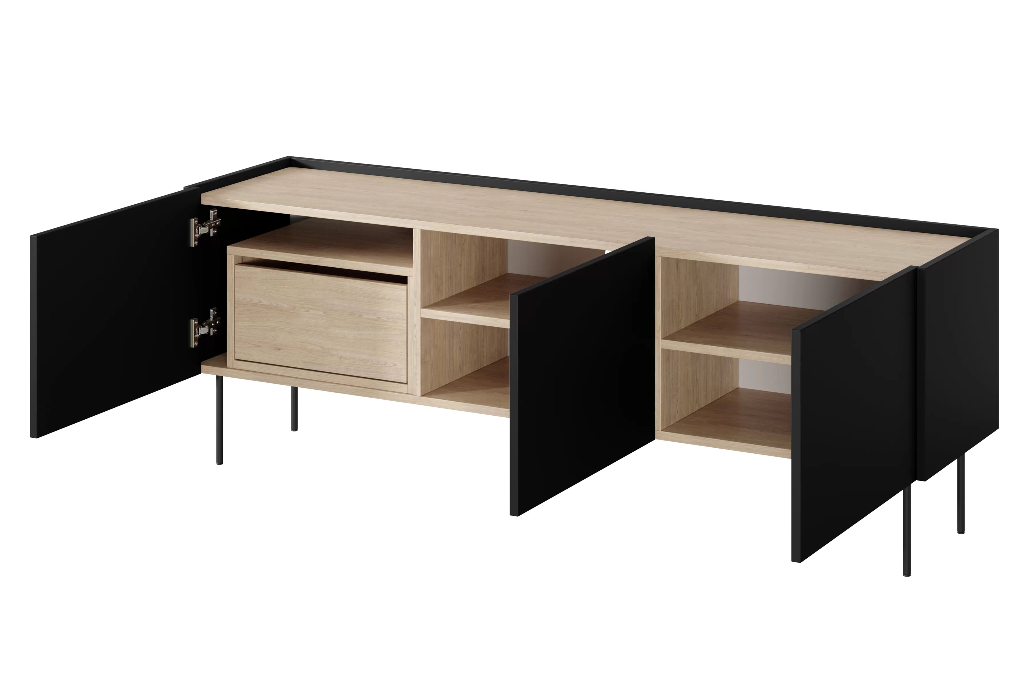 TV stolík Desin 170 cm so skrytou zásuvkou a kovovými nohami - čierny mat / dub nagano TV skrinka Desin 170 cm z ukryta szuflada i metalowymi nogami - Čierny mat / Dub nagano