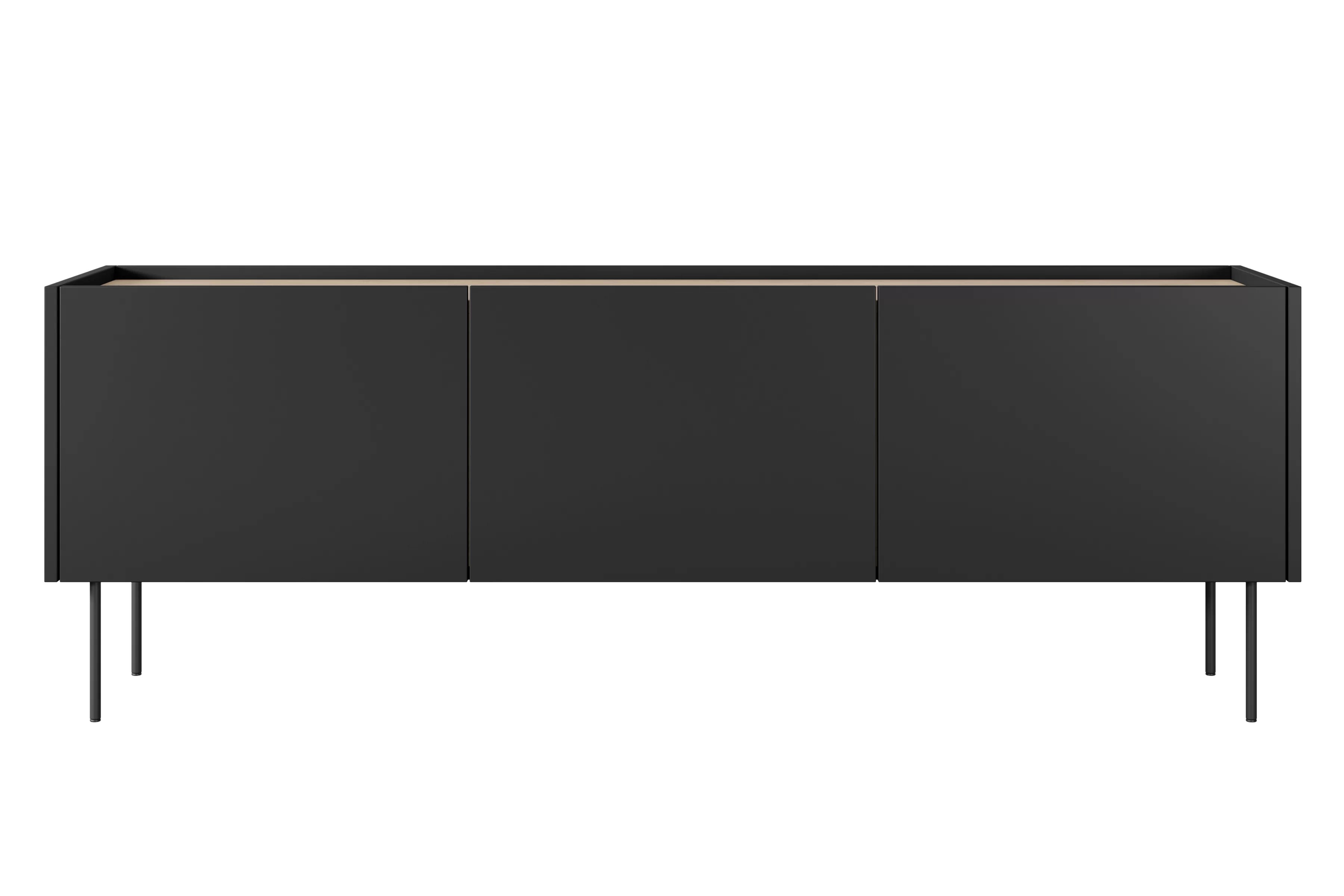 TV stolík Desin 170 cm so skrytou zásuvkou a kovovými nohami - čierny mat / dub nagano TV skrinka Desin 170 cm z ukryta szuflada i metalowymi nogami - Čierny mat / Dub nagano