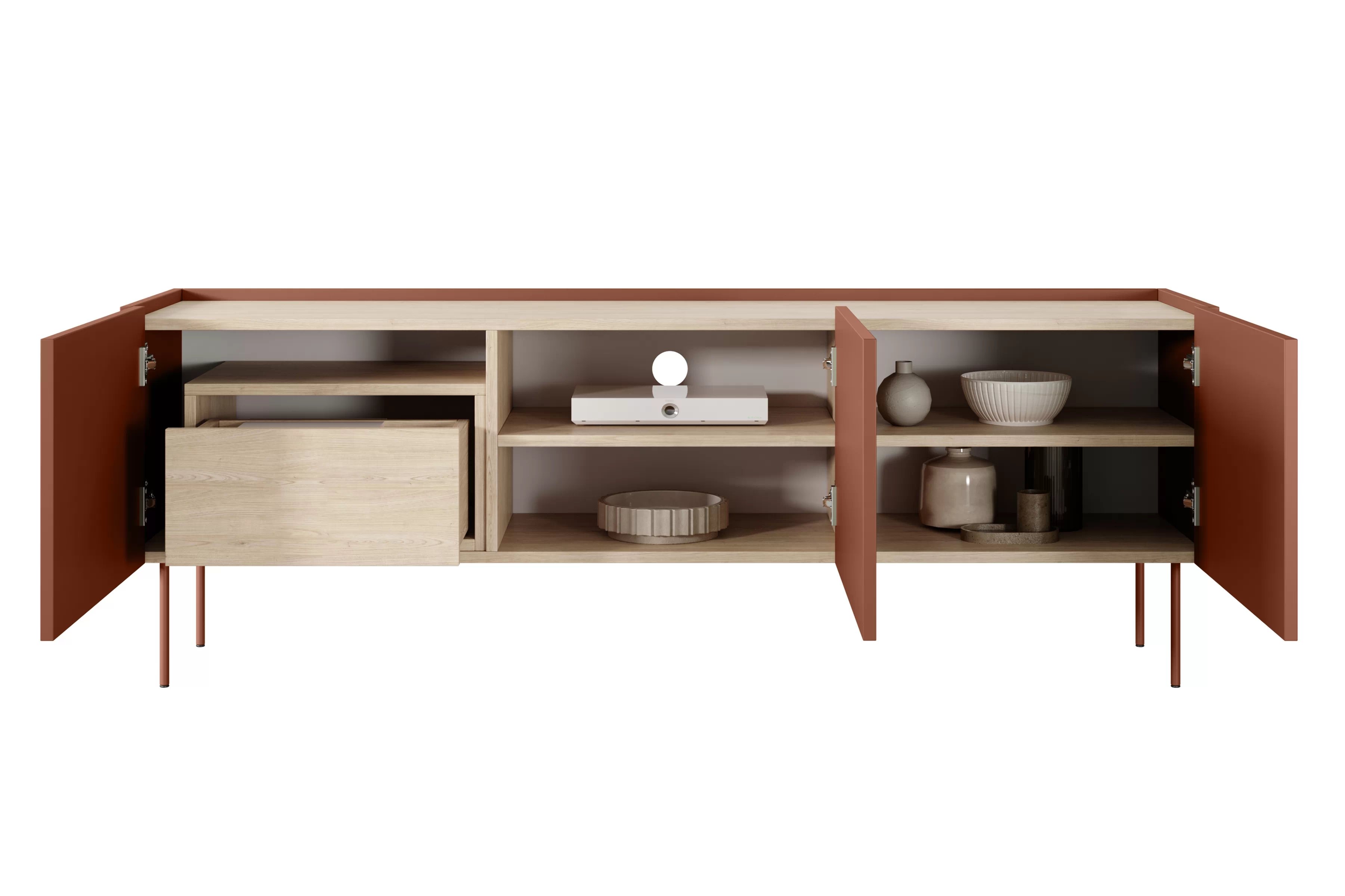 TV stolek Desin 170 cm se skrytou zásuvkou - ceramic red / dub nagano skříňka RTV Desin 170 cm z ukryta szuflada i metalowymi nogami - Červený / ceramic red / dub nagano