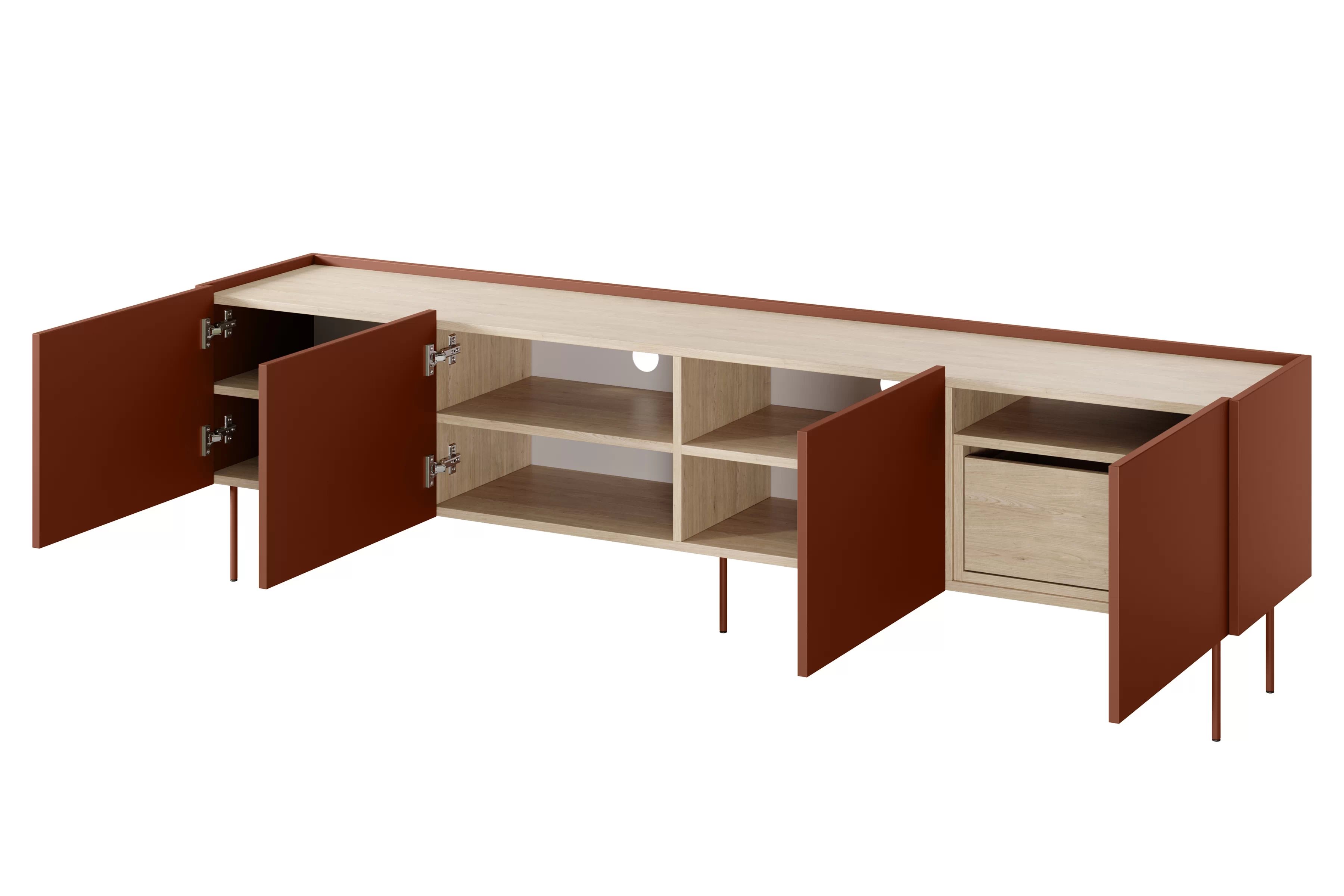 TV stolek Desin 220 cm se skrytou zásuvkou - ceramic red / dub nagano skříňka RTV Desin 220 cm  z ukryta szuflada na kovových nohách - ceramic red / dub nagano