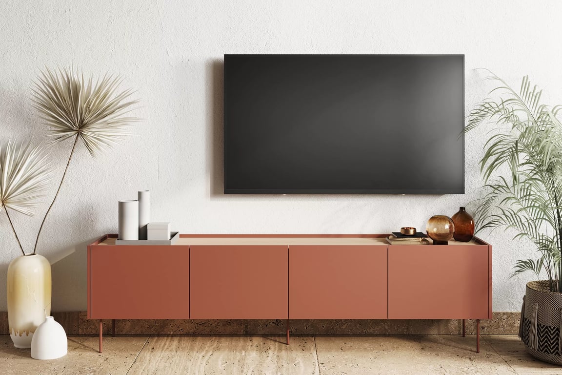 TV stolek Desin 220 cm se skrytou zásuvkou - ceramic red / dub nagano skříňka RTV Desin 220 cm  z ukryta szuflada na kovových nohách - ceramic red / dub nagano