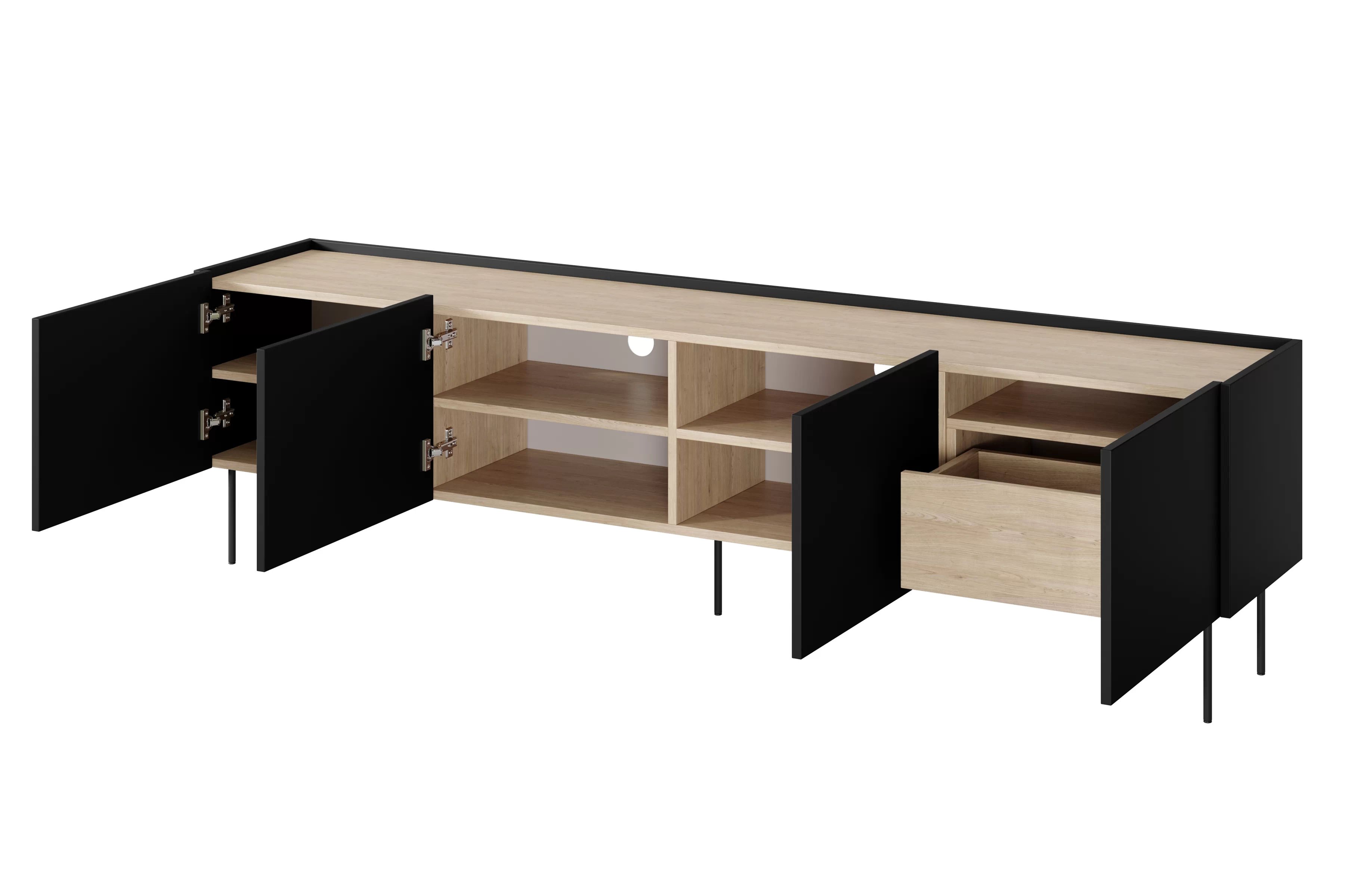 TV stolík Desin 220 cm s ukrytou zásuvkou - čierny mat / dub nagano TV skrinka Desin 220 cm  z ukryta szuflada na kovových nohách - Čierny mat / Dub nagano