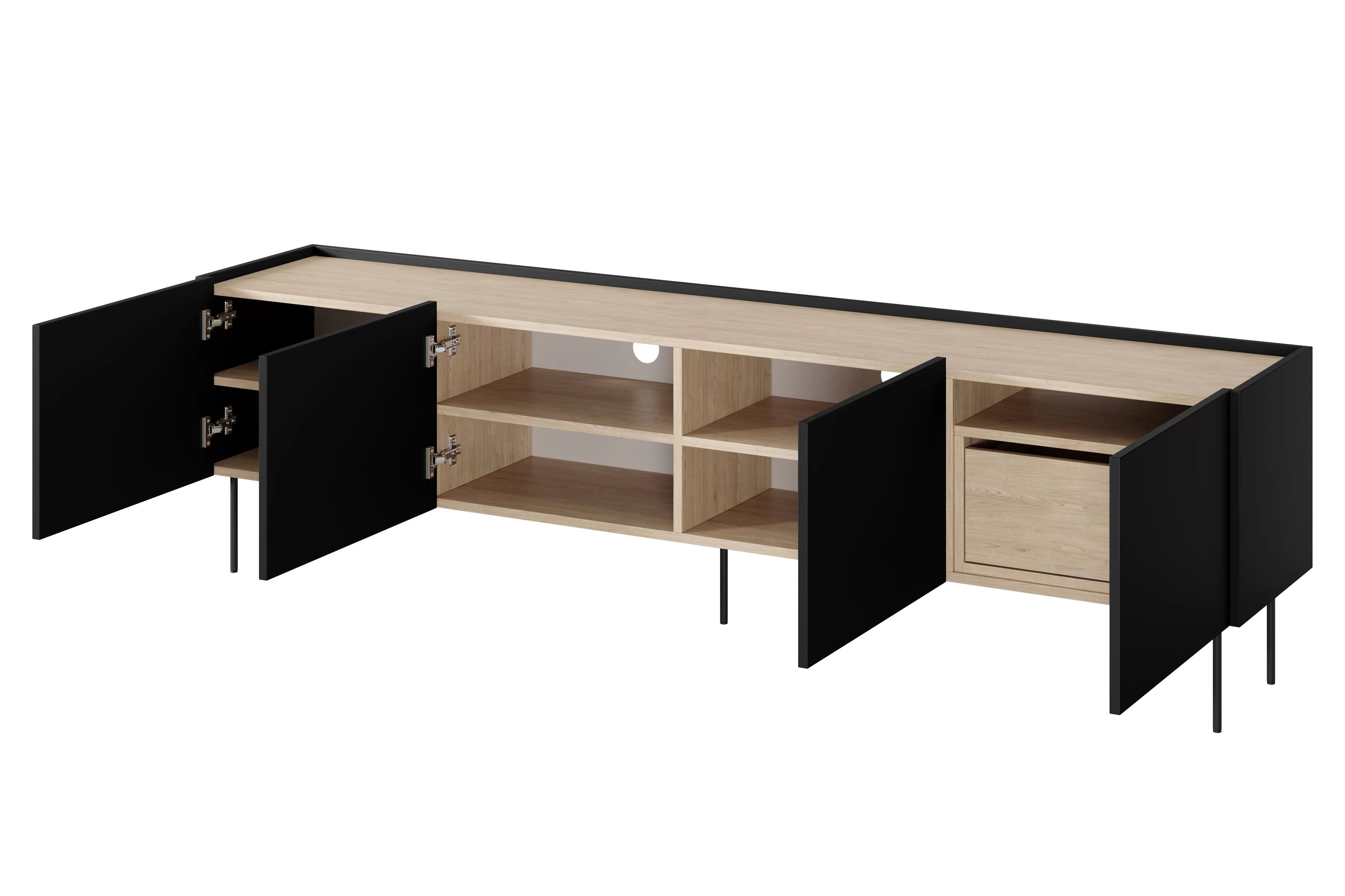 TV stolík Desin 220 cm s ukrytou zásuvkou - čierny mat / dub nagano TV skrinka Desin 220 cm  z ukryta szuflada na kovových nohách - Čierny mat / Dub nagano