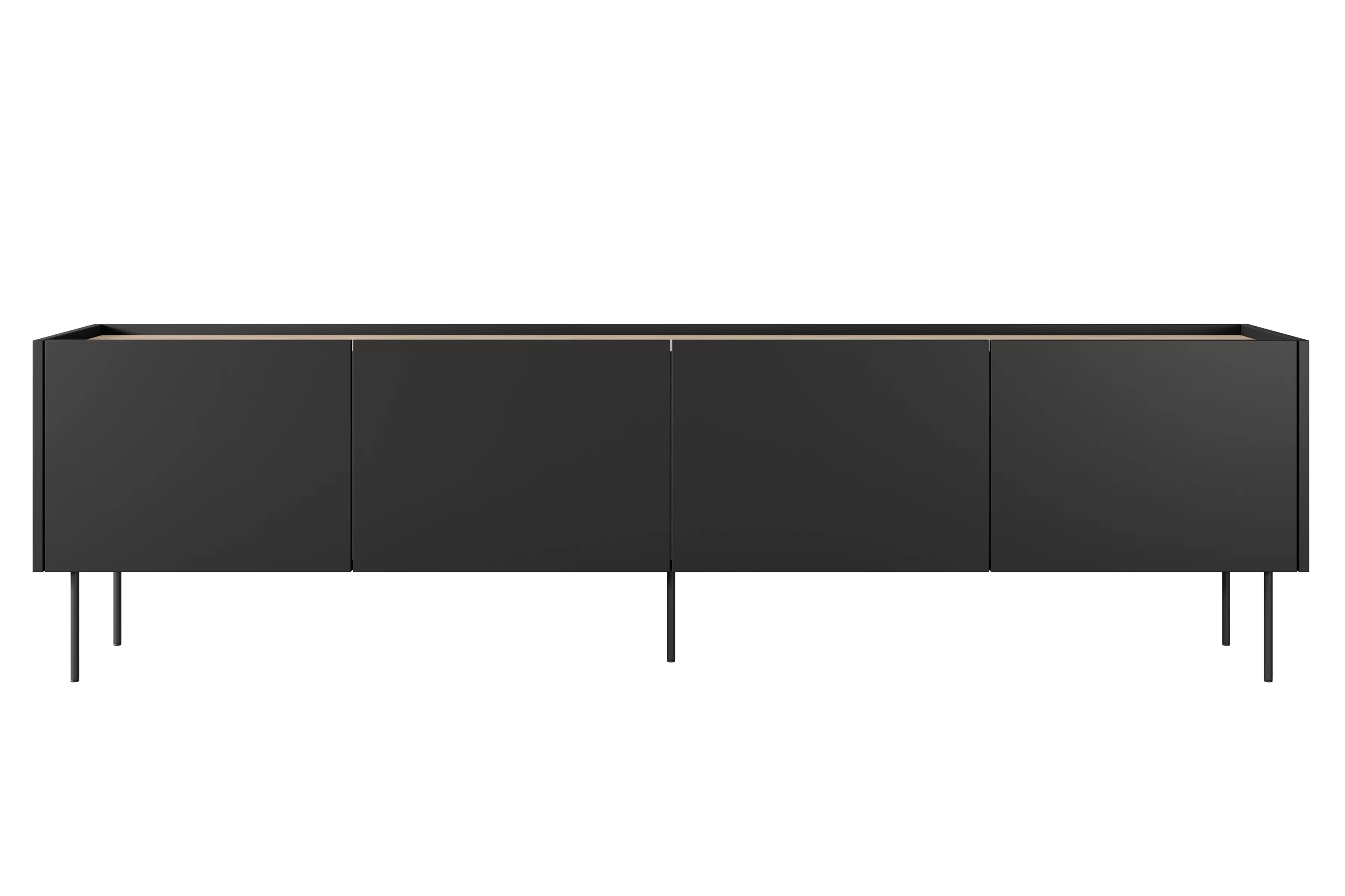 TV stolík Desin 220 cm s ukrytou zásuvkou - čierny mat / dub nagano TV skrinka Desin 220 cm  z ukryta szuflada na kovových nohách - Čierny mat / Dub nagano