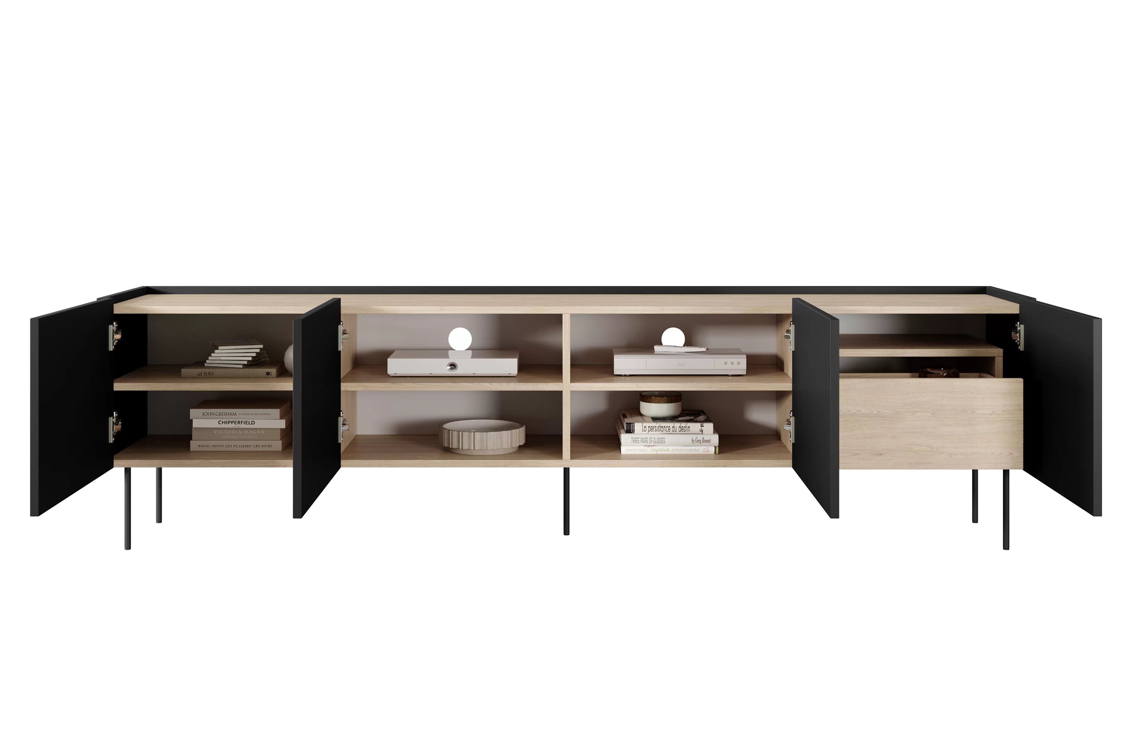 TV stolík Desin 220 cm s ukrytou zásuvkou - čierny mat / dub nagano TV skrinka Desin 220 cm  z ukryta szuflada na kovových nohách - Čierny mat / Dub nagano