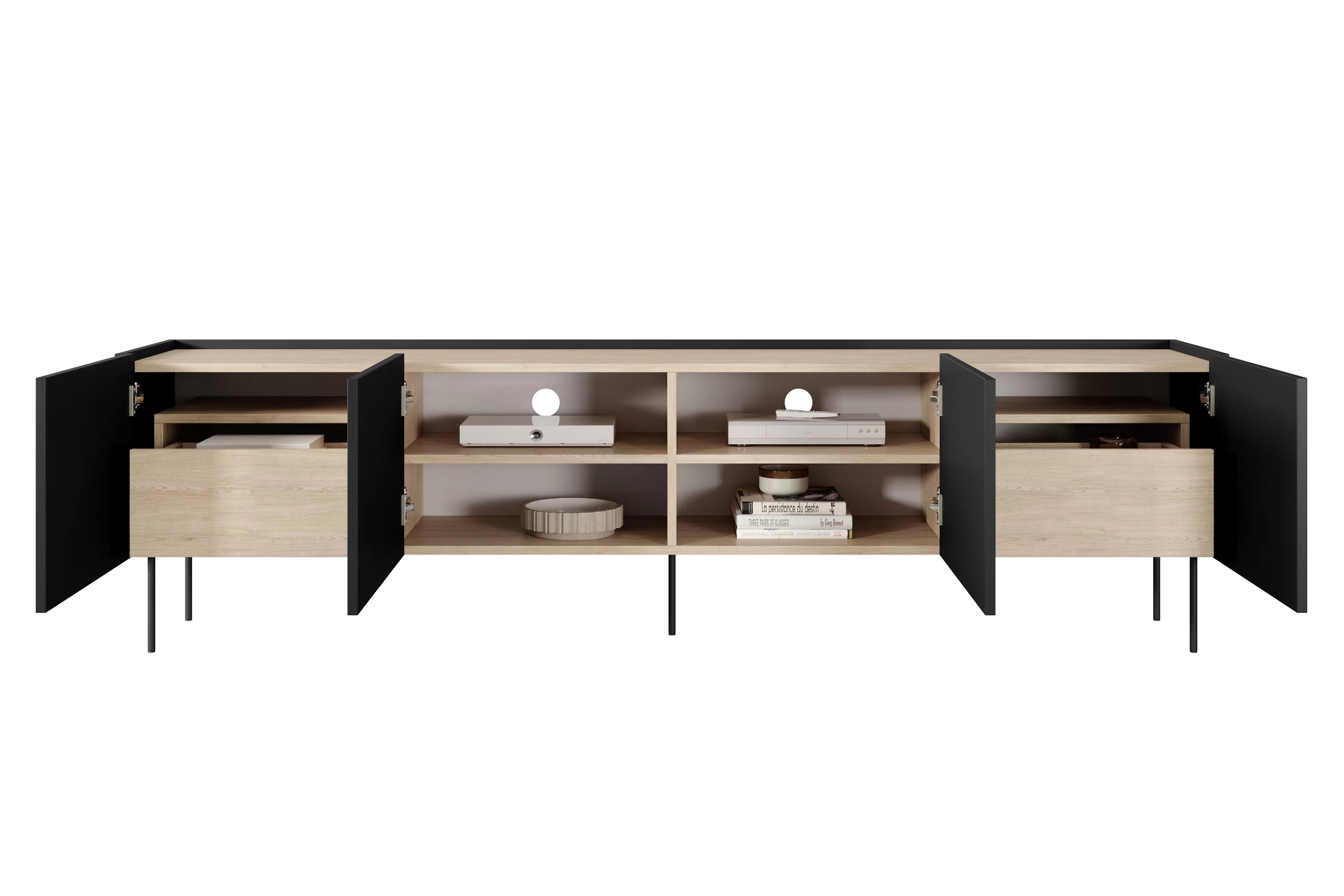 TV stolek Desin 220 cm se 2 skrytými zásuvkami - černý mat / dub nagano skříňka RTV Desin 220 cm z 2 ukrytymi zásuvkami - černá mat / dub nagano