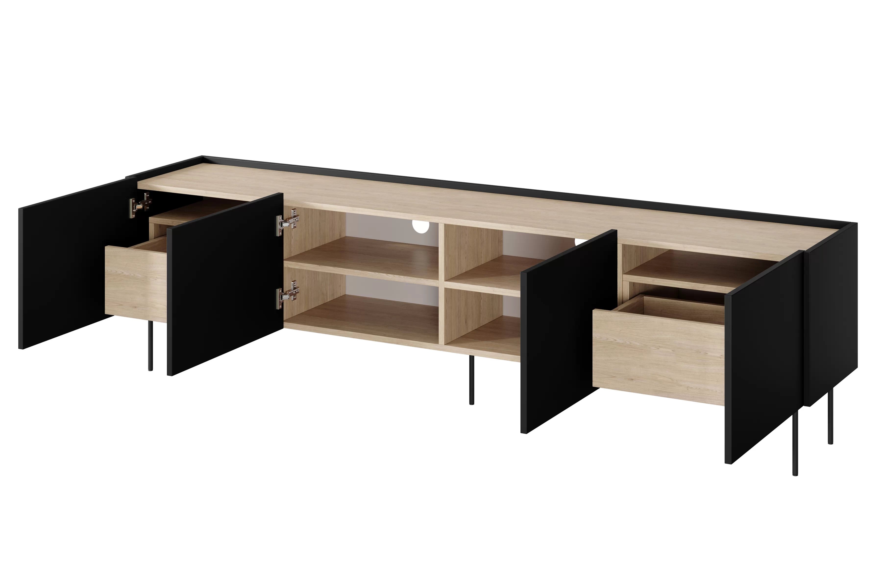 TV stolek Desin 220 cm se 2 skrytými zásuvkami - černý mat / dub nagano skříňka RTV Desin 220 cm z 2 ukrytymi zásuvkami - černá mat / dub nagano