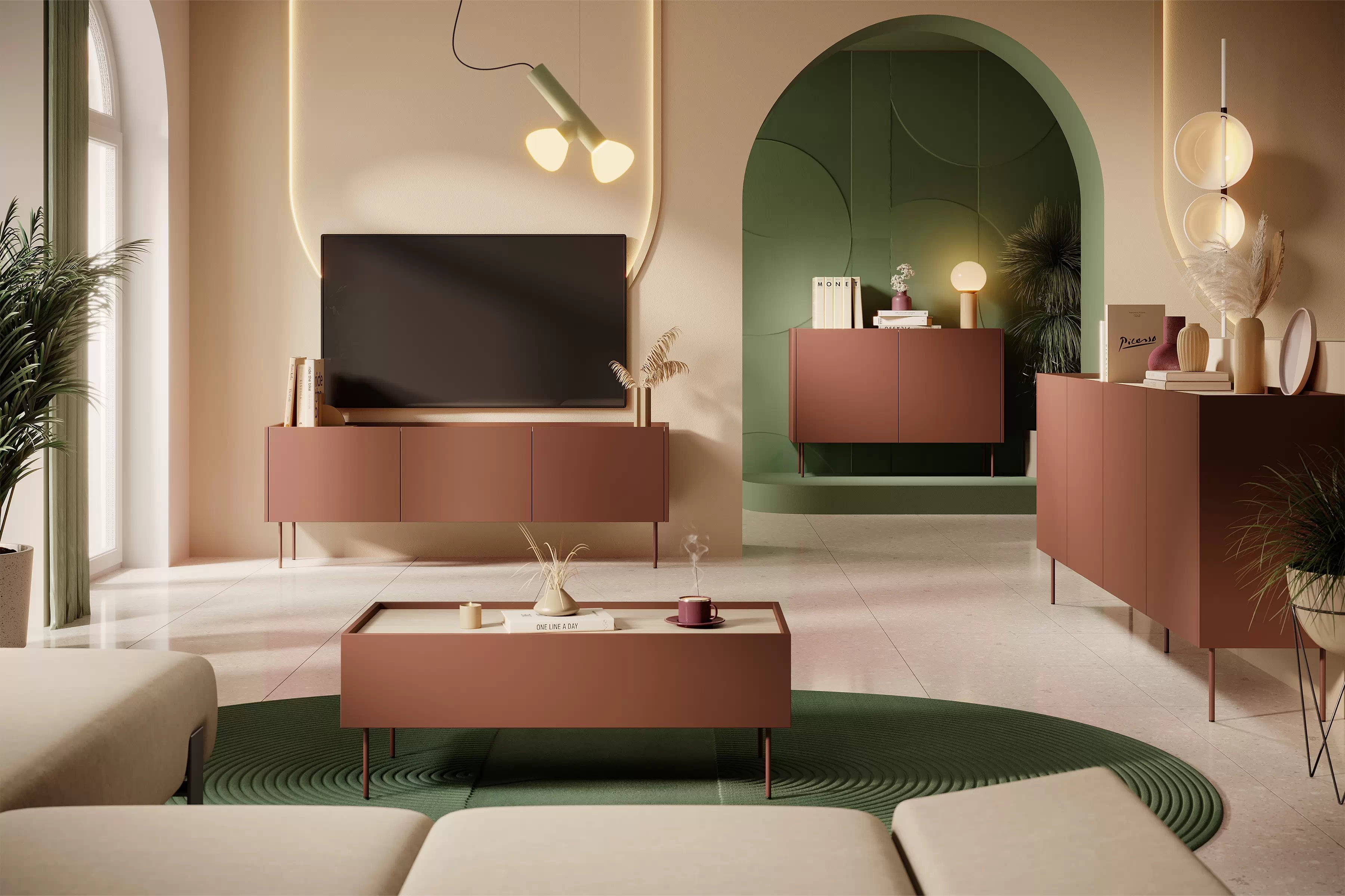 TV stolek Desin 220 cm se dvěma skrytými zásuvkami - ceramic red / dub nagano skříňka RTV Desin 220 cm z 2 ukrytymi zásuvkami - Červený / ceramic red / dub nagano