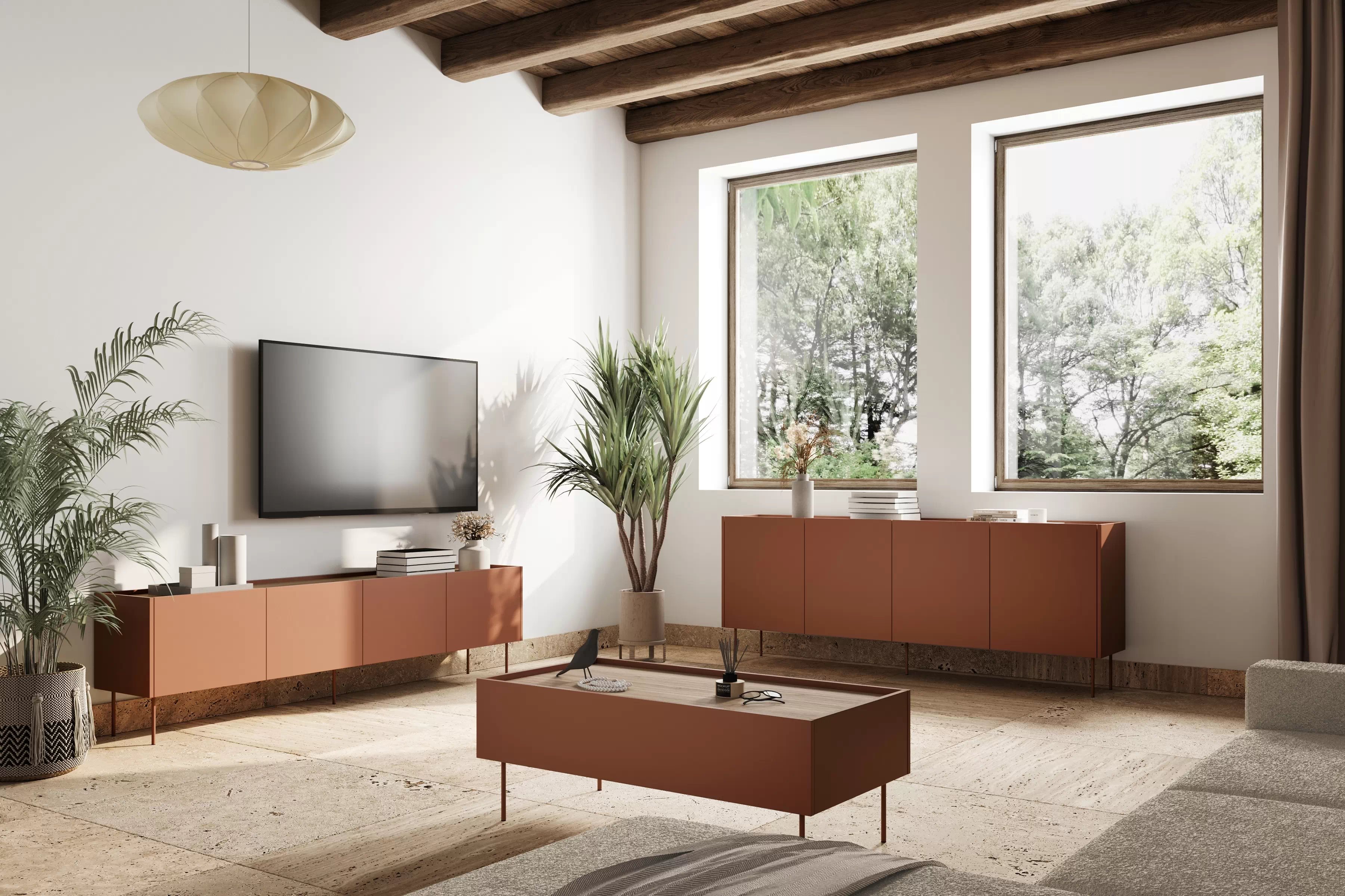 TV stolek Desin 220 cm se dvěma skrytými zásuvkami - ceramic red / dub nagano skříňka RTV Desin 220 cm z 2 ukrytymi zásuvkami - Červený / ceramic red / dub nagano