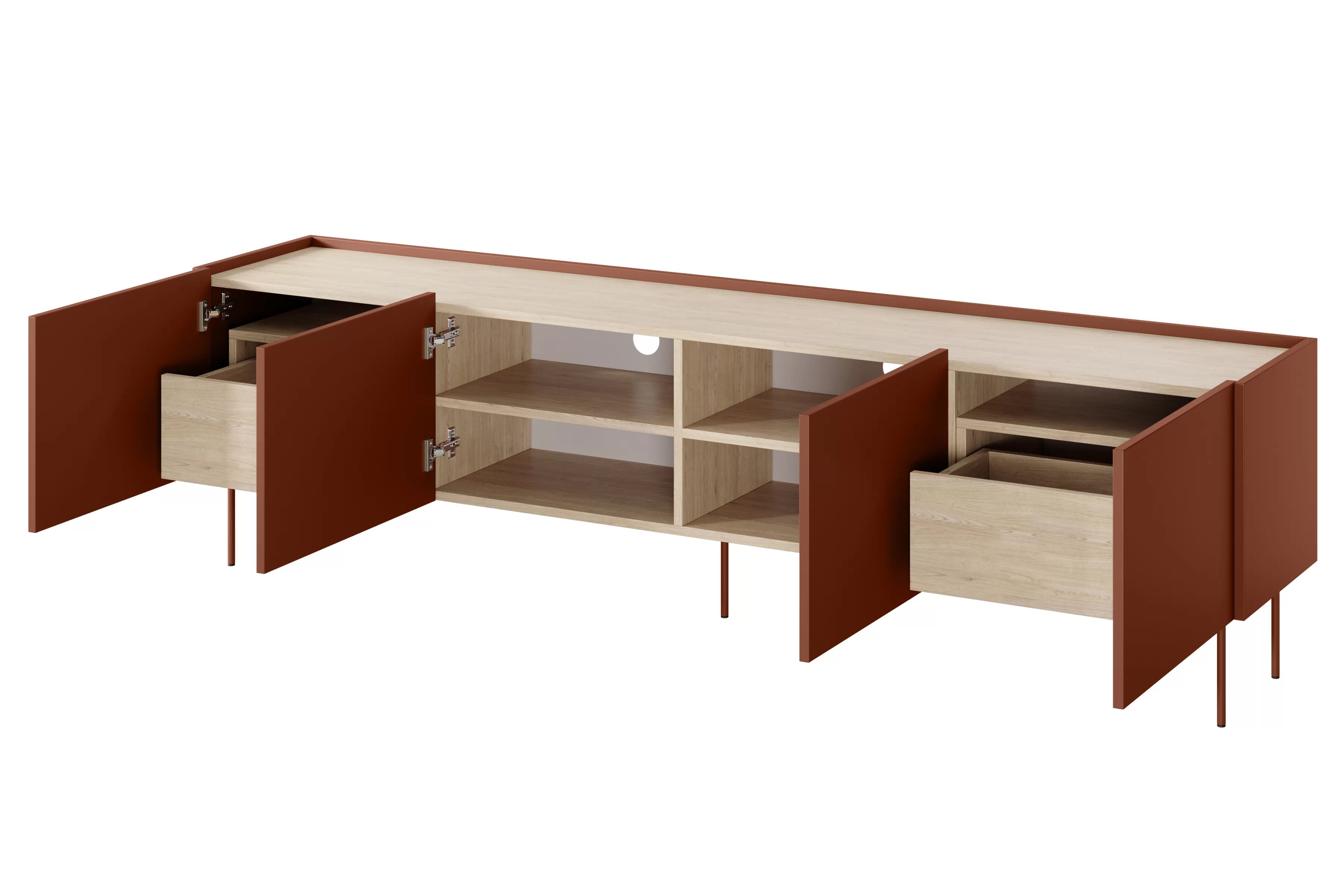 TV stolek Desin 220 cm se dvěma skrytými zásuvkami - ceramic red / dub nagano skříňka RTV Desin 220 cm z 2 ukrytymi zásuvkami - Červený / ceramic red / dub nagano