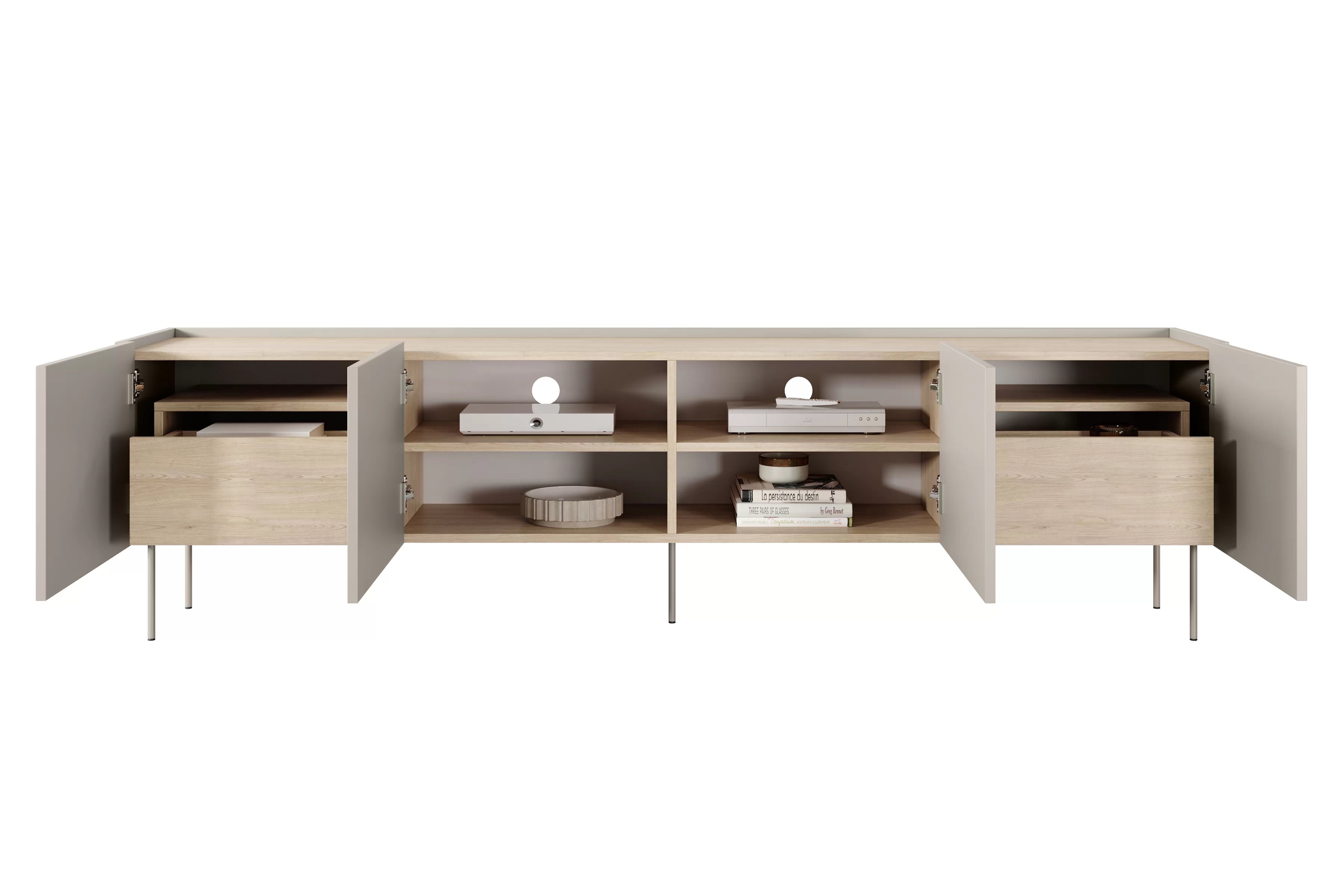 TV stolík Desin 220 cm s 2 skrytými zásuvkami - kašmír / dub nagano TV skrinka Desin 220 cm z 2 ukrytymi zásuvkami - kašmír / Dub nagano