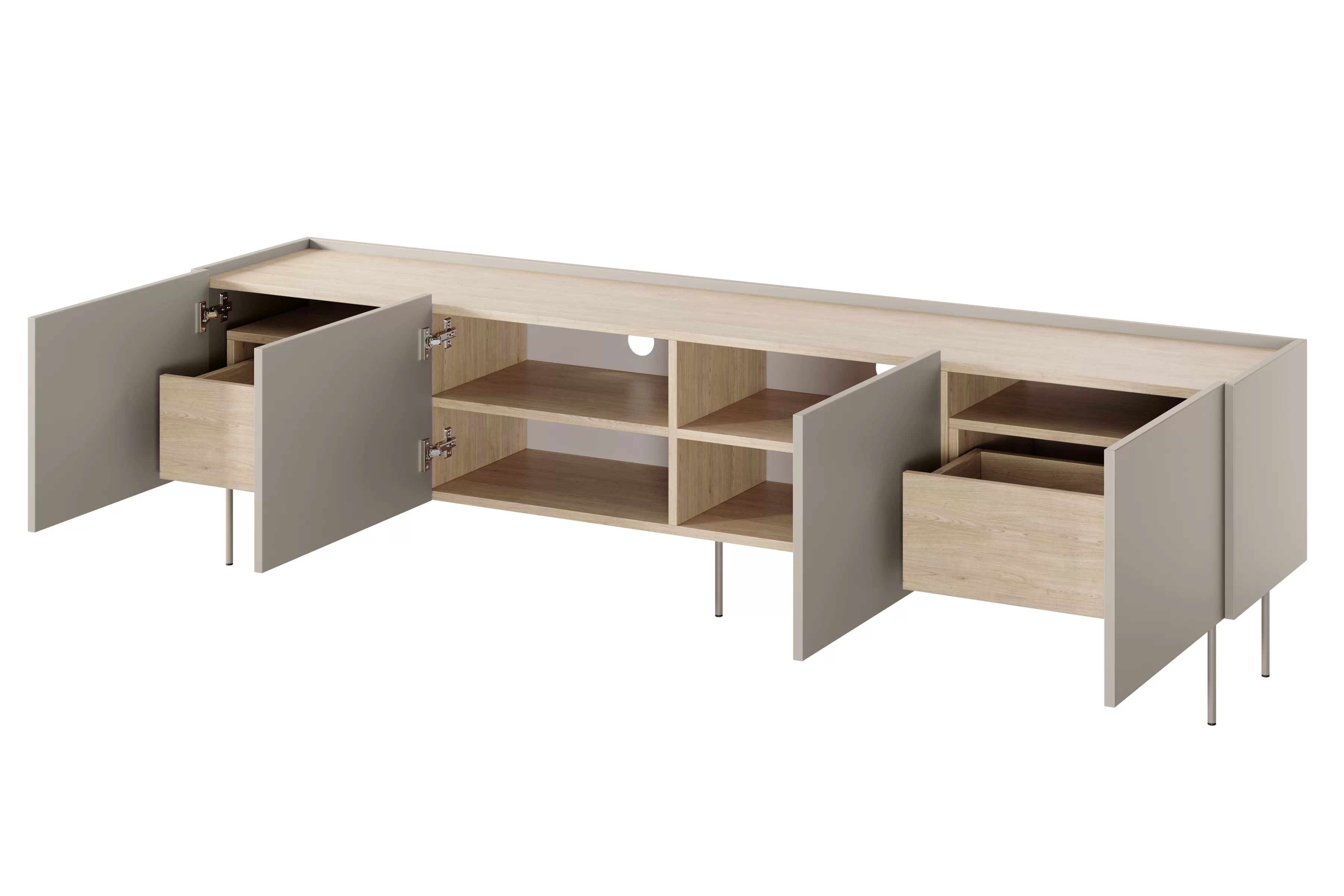 TV stolík Desin 220 cm s 2 skrytými zásuvkami - kašmír / dub nagano TV skrinka Desin 220 cm z 2 ukrytymi zásuvkami - kašmír / Dub nagano