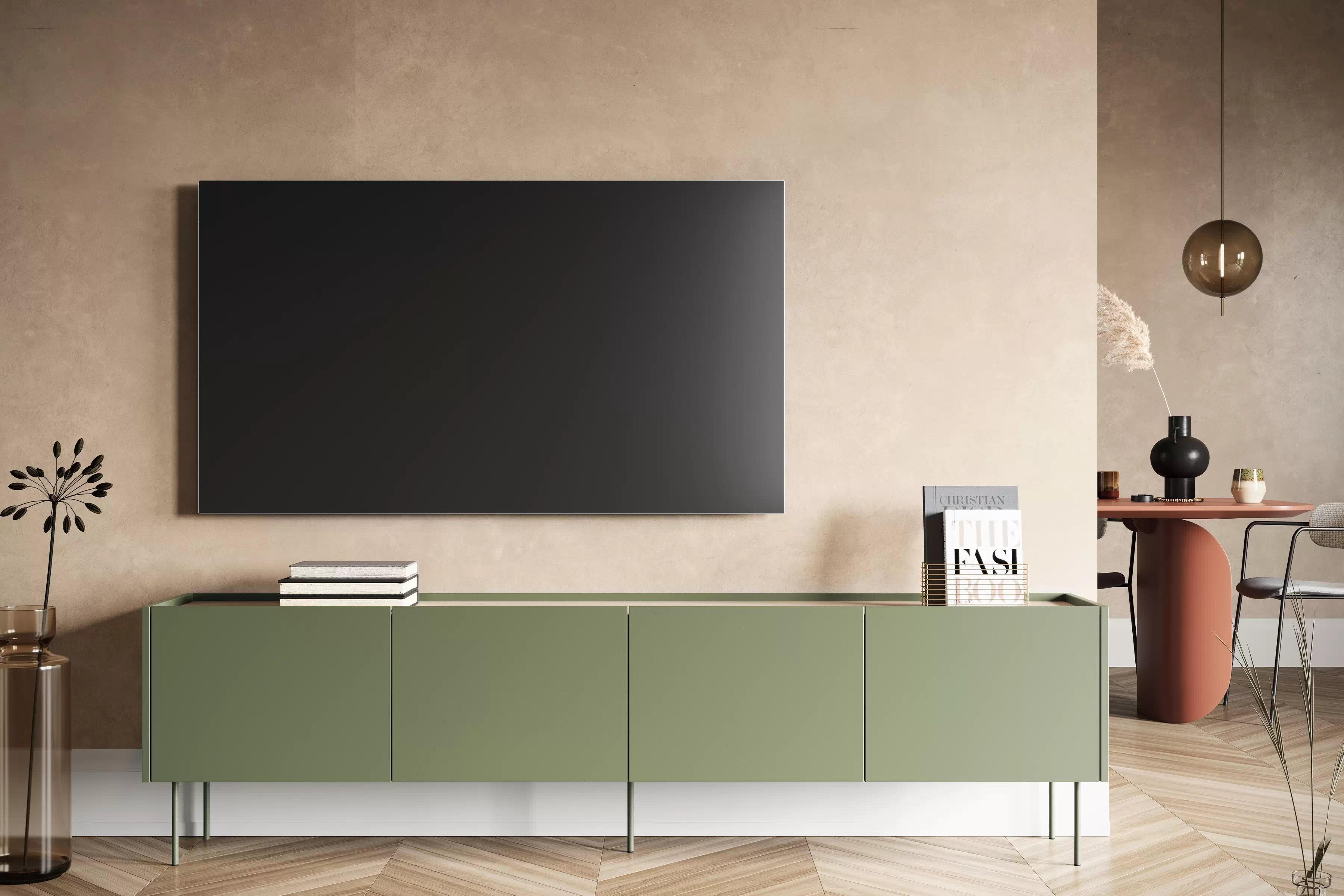 TV stolek Desin 220 cm se dvěma skrytými zásuvkami - olivová / dub nagano skříňka RTV Desin 220 cm z 2 ukrytymi zásuvkami - olivová / dub nagano