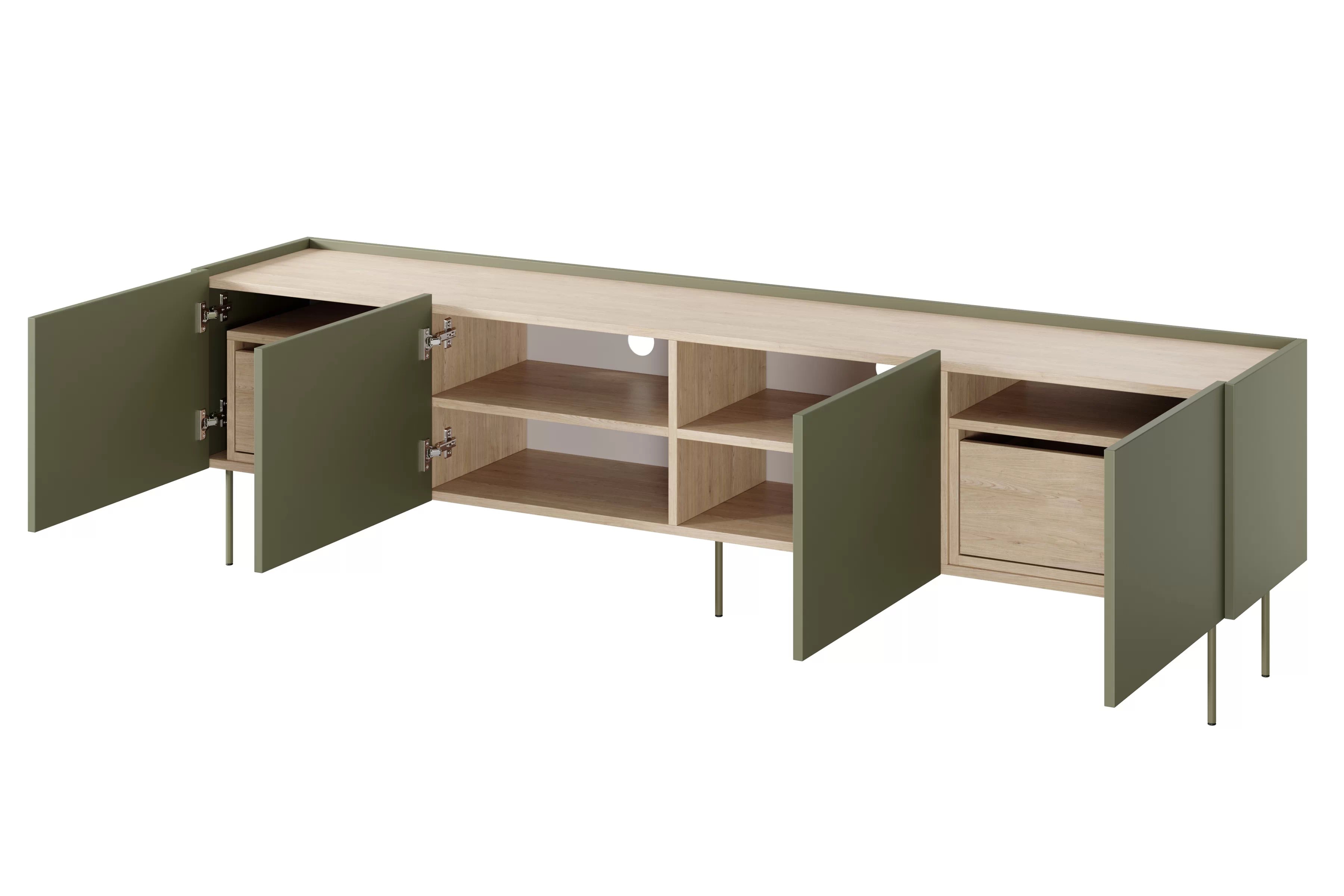 TV stolek Desin 220 cm se dvěma skrytými zásuvkami - olivová / dub nagano skříňka RTV Desin 220 cm z 2 ukrytymi zásuvkami - olivová / dub nagano