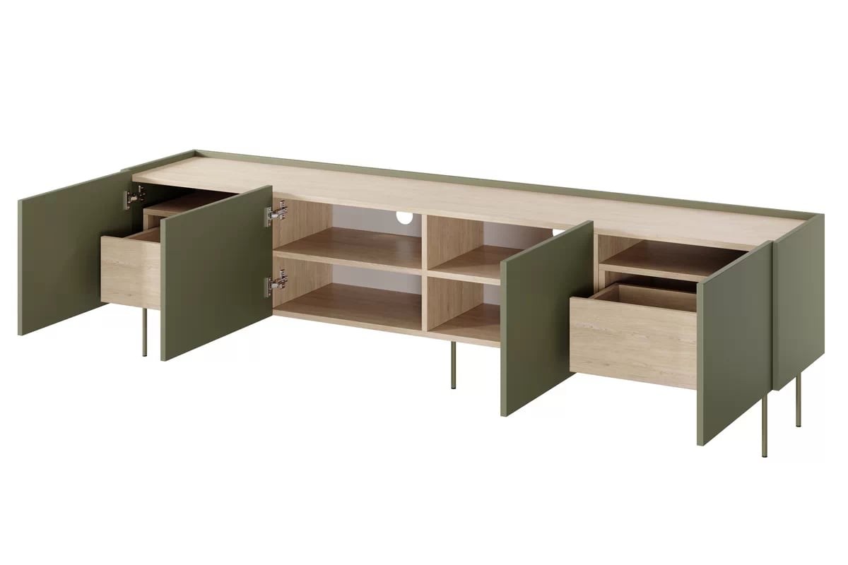 TV stolek Desin 220 cm se dvěma skrytými zásuvkami - olivová / dub nagano skříňka RTV Desin 220 cm z 2 ukrytymi zásuvkami - olivová / dub nagano