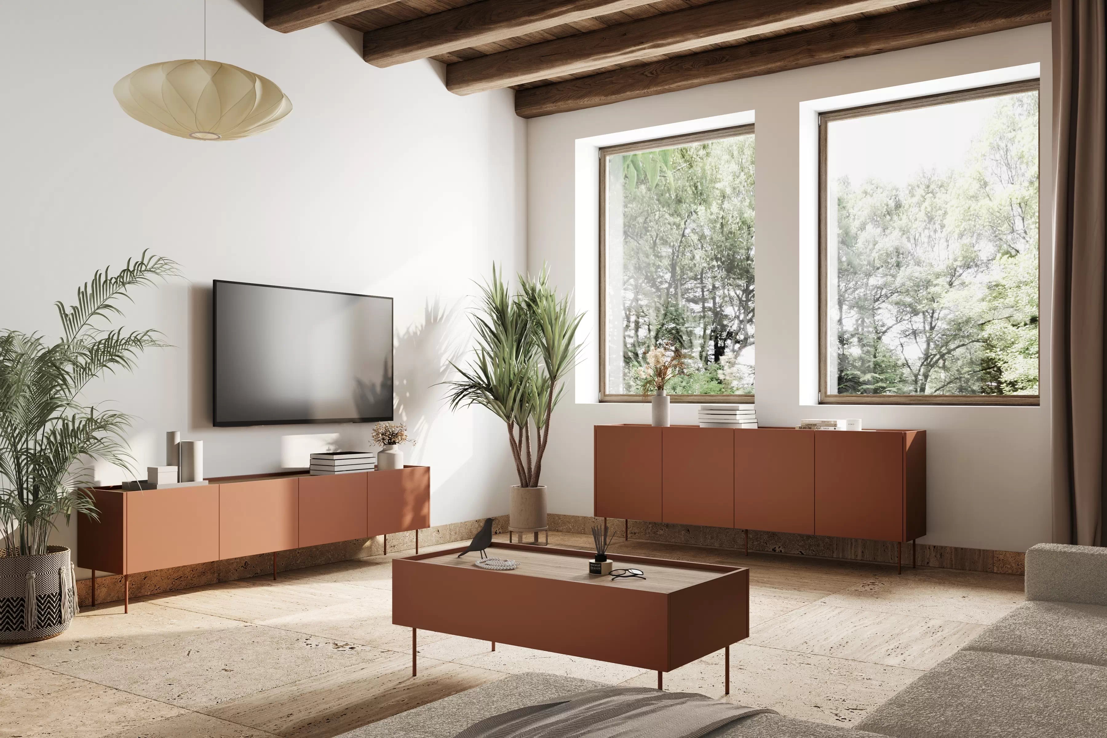 TV stolík Desin 220 cm - ceramic red / dub nagano TV skrinka Desin 220 cm z metalowymi nogami - ceramic red / Dub nagano