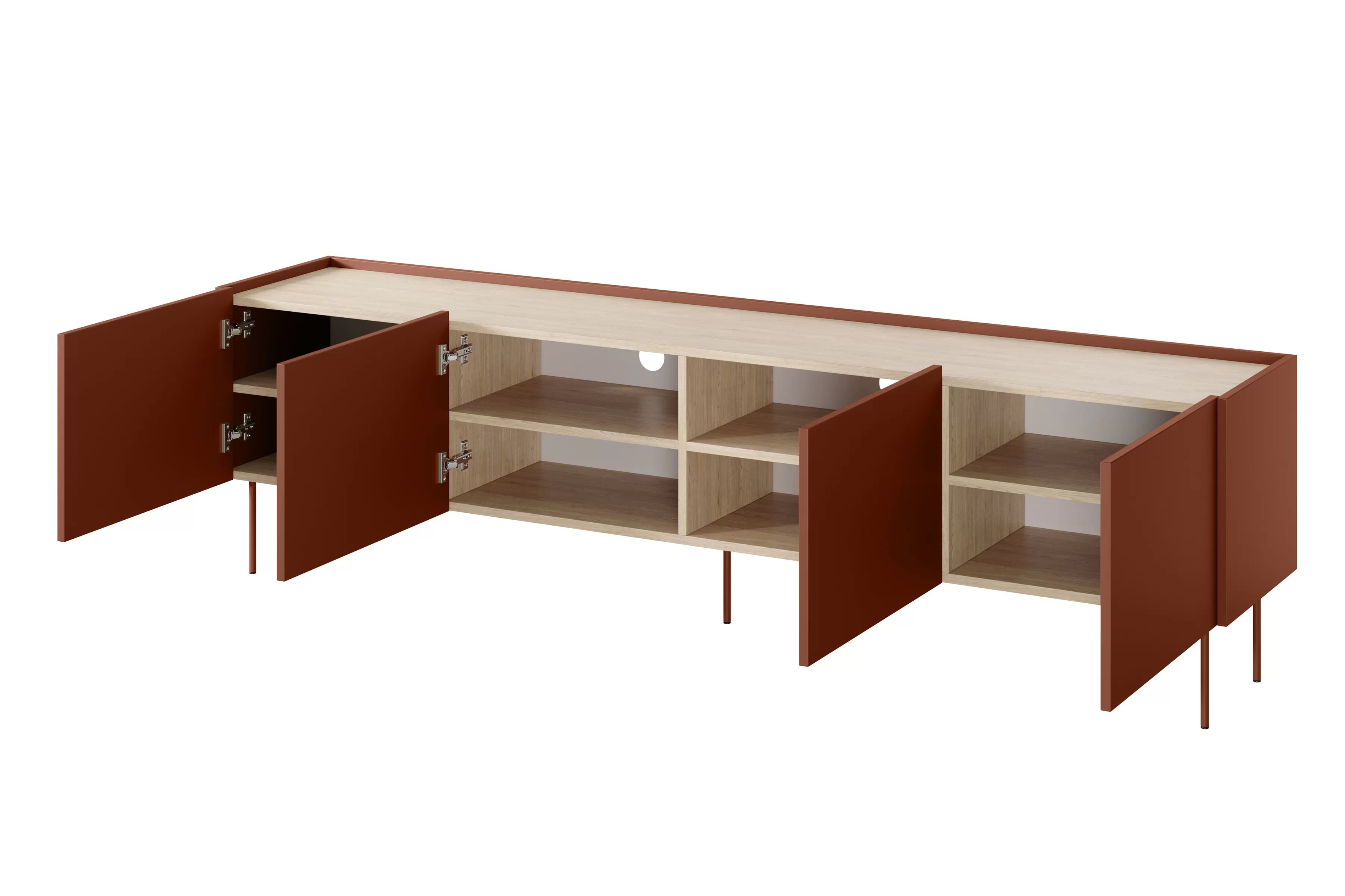 TV stolík Desin 220 cm - ceramic red / dub nagano TV skrinka Desin 220 cm z metalowymi nogami - ceramic red / Dub nagano