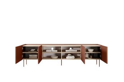 TV stolík Desin 220 cm - ceramic red / dub nagano TV skrinka Desin 220 cm z metalowymi nogami - ceramic red / Dub nagano