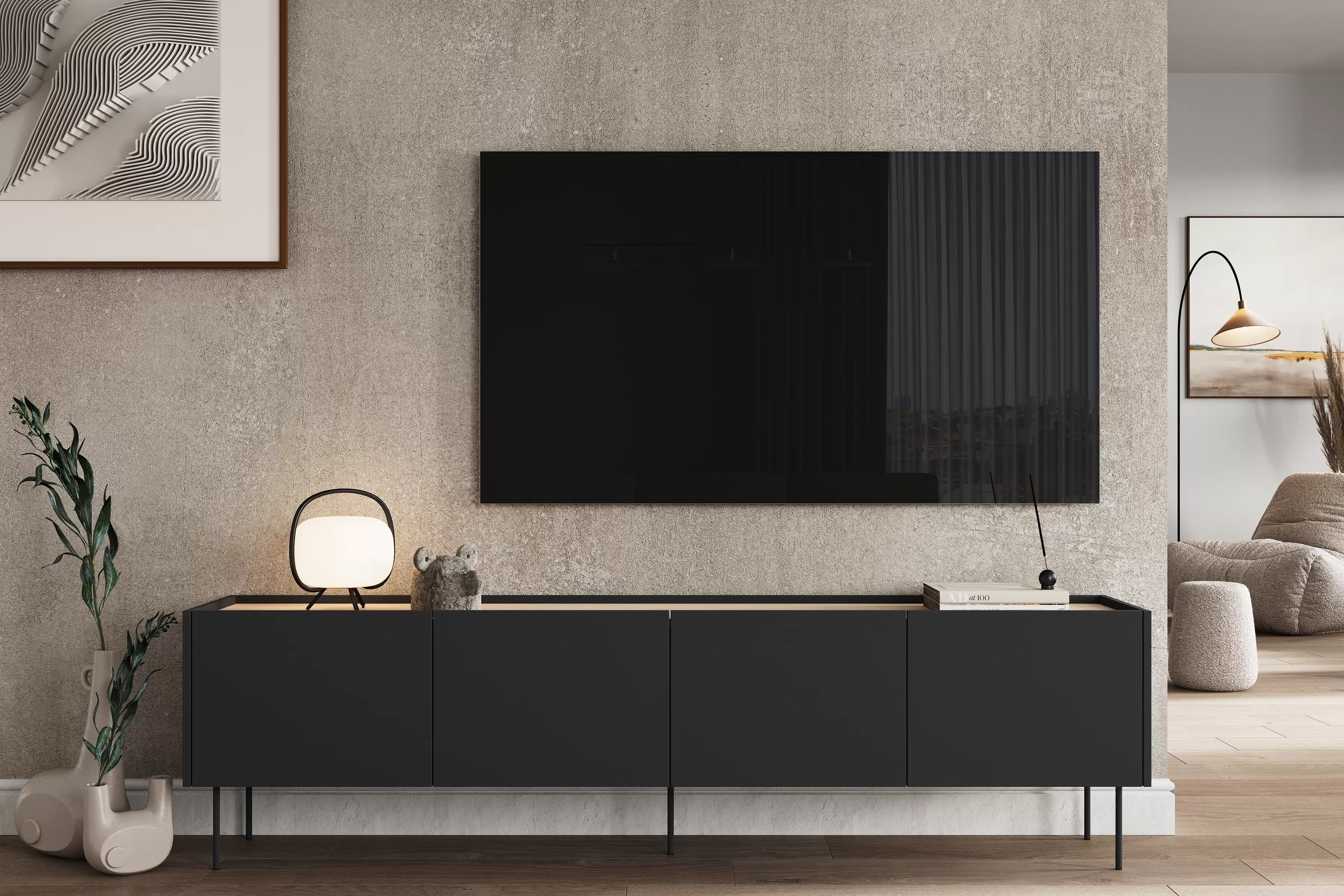 TV stolík Desin 220 cm s kovovými nohami - čierny mat / dub nagano TV skrinka Desin 220 cm z metalowymi nogami - Čierny mat / Dub nagano