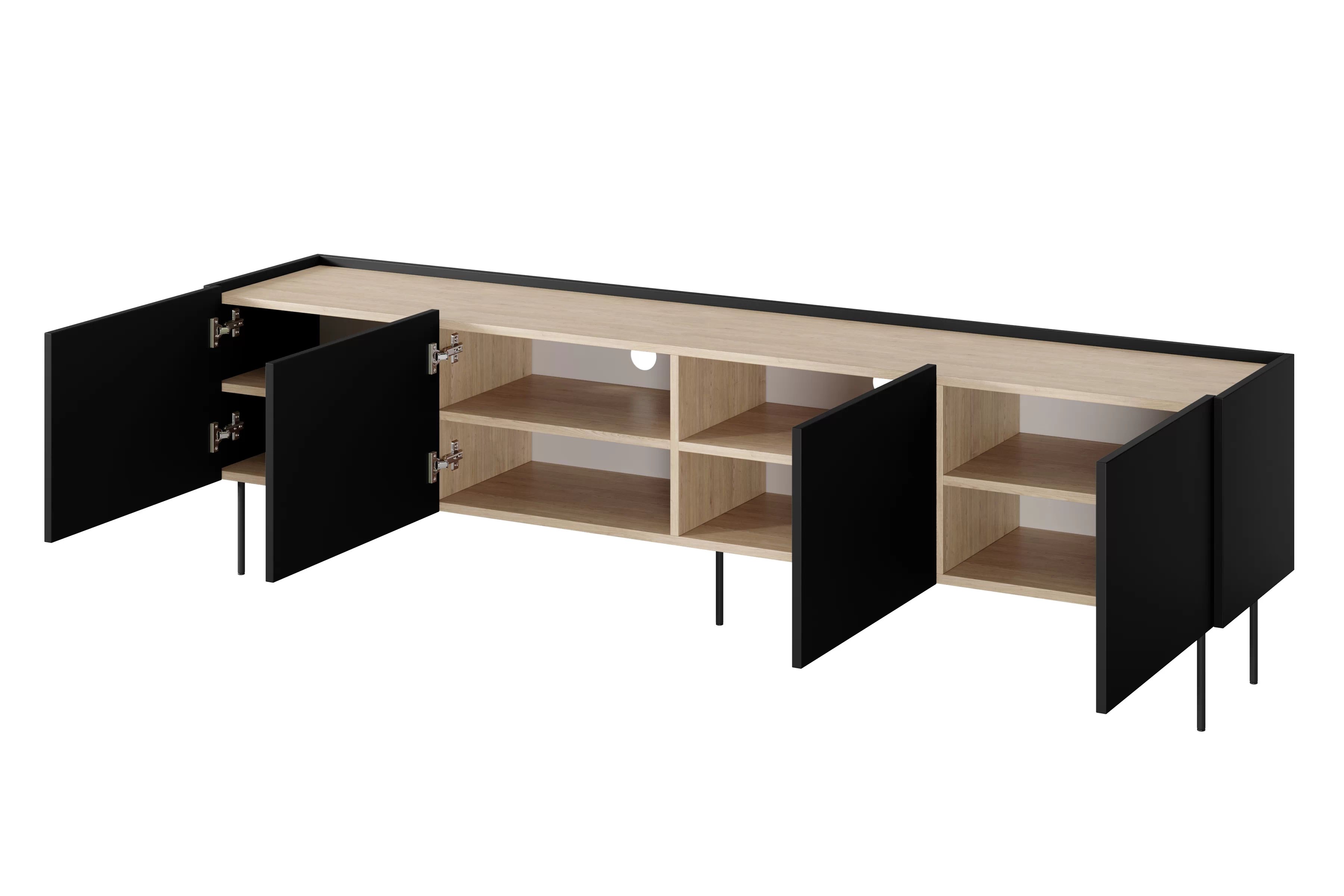 TV stolík Desin 220 cm s kovovými nohami - čierny mat / dub nagano TV skrinka Desin 220 cm z metalowymi nogami - Čierny mat / Dub nagano