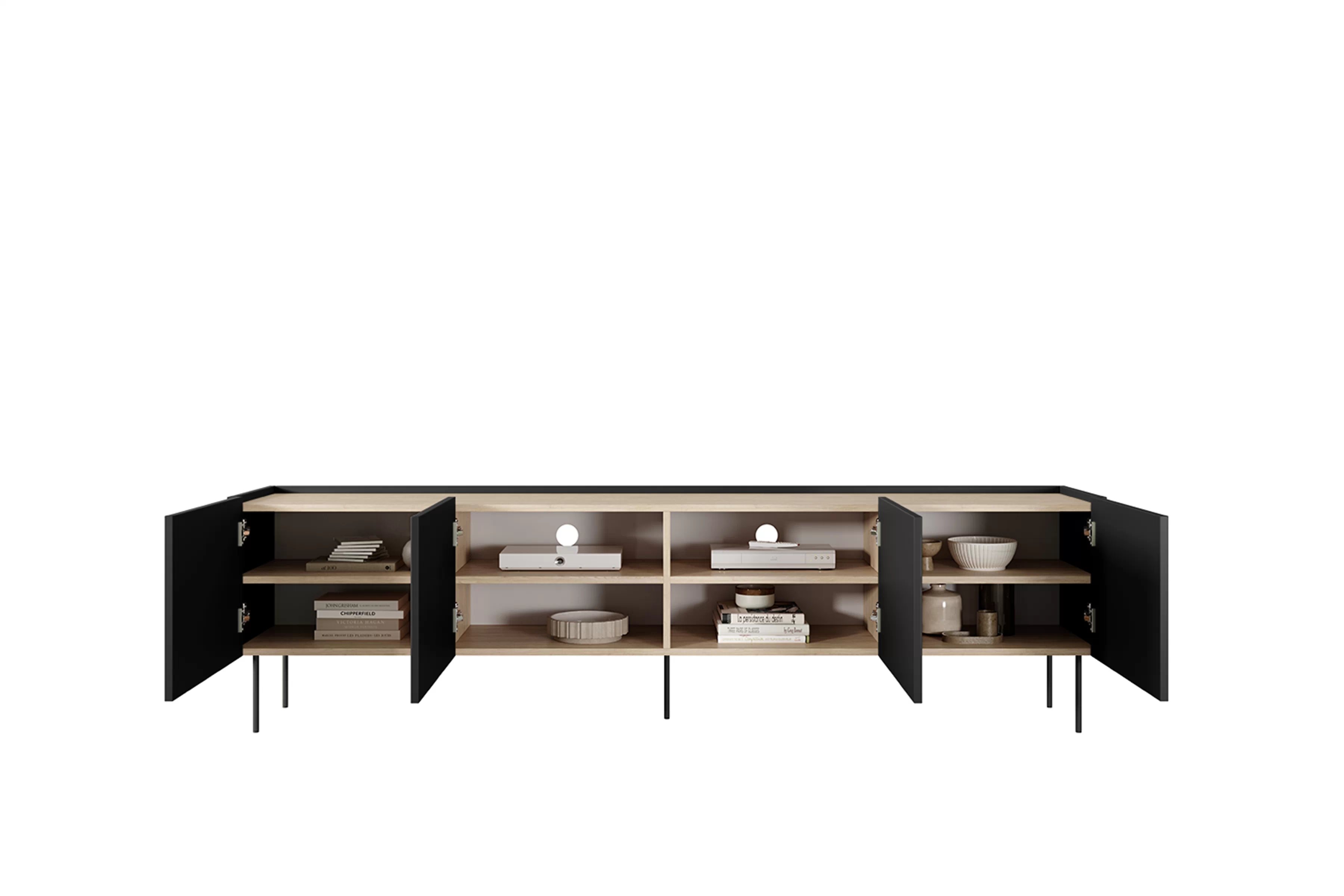 TV stolík Desin 220 cm s kovovými nohami - čierny mat / dub nagano TV skrinka Desin 220 cm z metalowymi nogami - Čierny mat / Dub nagano