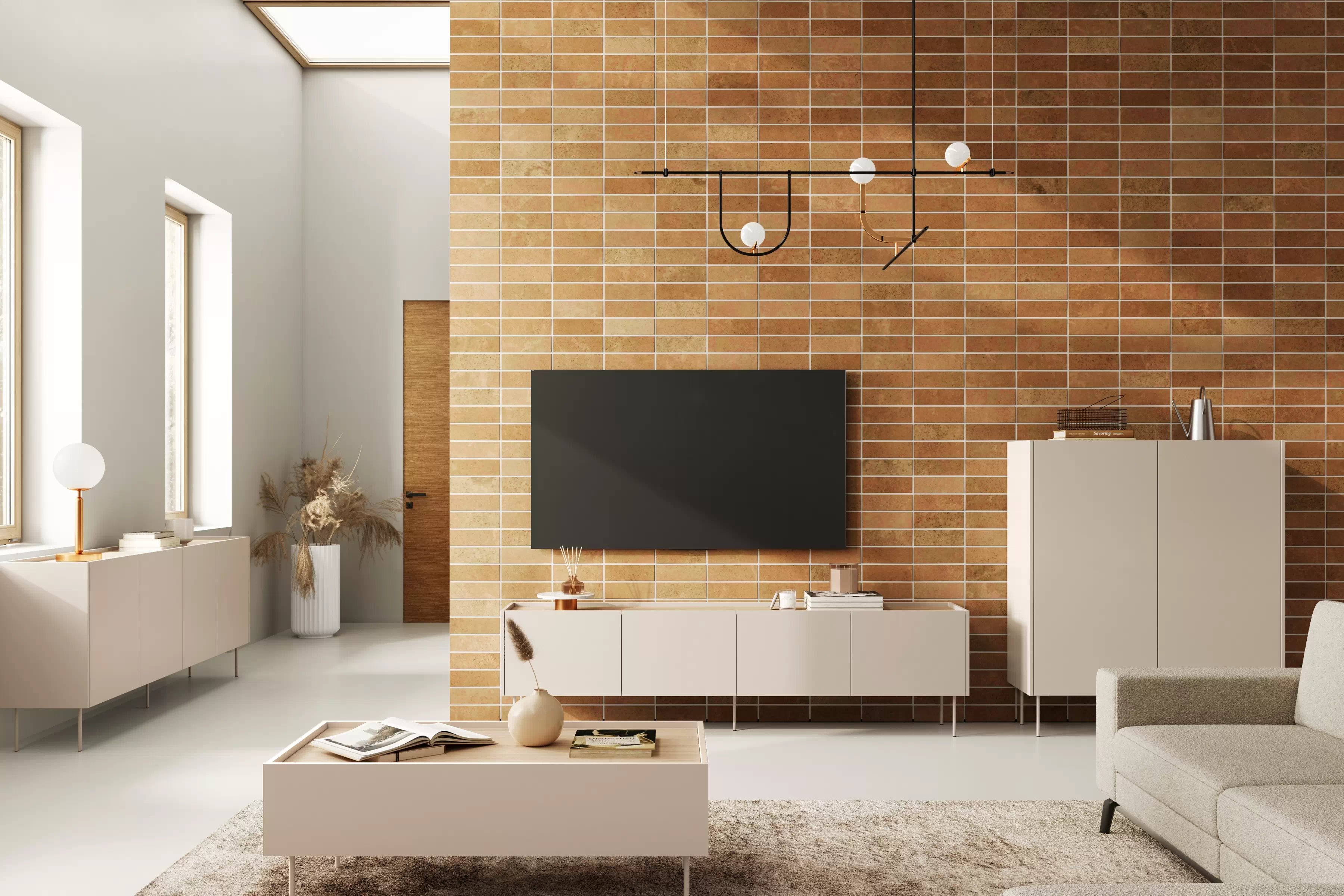 TV skrinka Desin na kovových nohách 220 cm - kašmír / dub nagano TV skrinka Desin 220 cm z metalowymi nogami - kašmír / Dub nagano