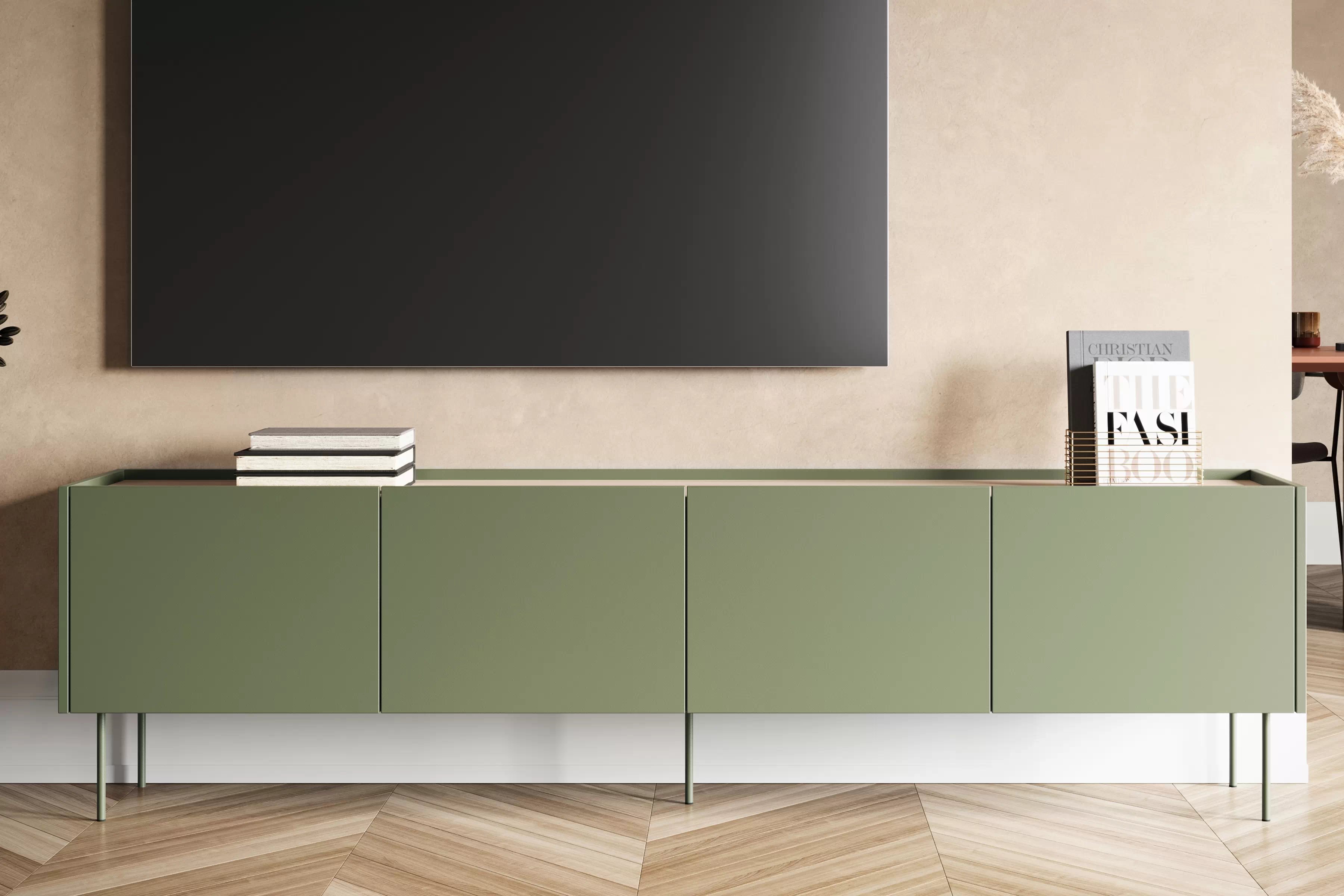 TV stolek Desin 220 cm s kovovými nohami - olivová / dub nagano skříňka RTV Desin 220 cm z metalowymi nogami - olivová / dub nagano