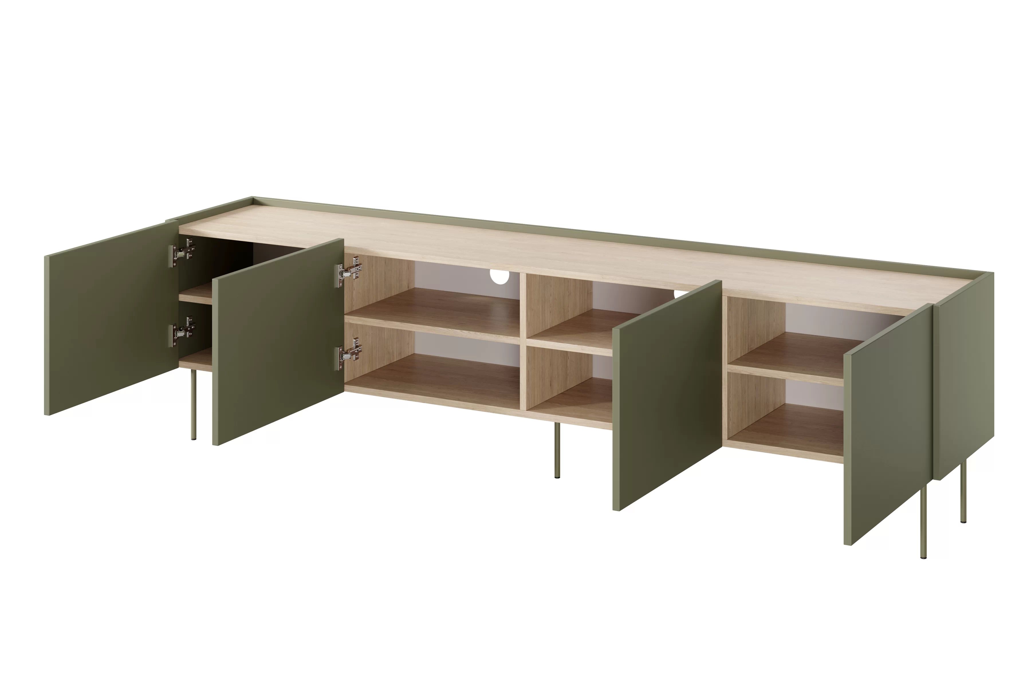 TV stolek Desin 220 cm s kovovými nohami - olivová / dub nagano skříňka RTV Desin 220 cm z metalowymi nogami - olivová / dub nagano