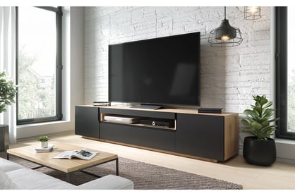 TV stolík Loftia 200 cm s otvorenou policou - dub artisan / čierny mat TV skrinka 