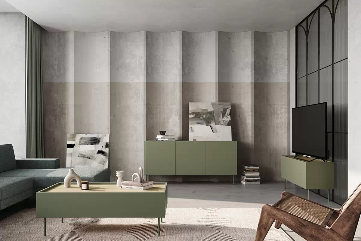 TV stolek Desin 120 cm s kovovými nohami - olivová / dub nagano TV skříňka Desin 120 - Oliva / Dub nagano - aranzacja