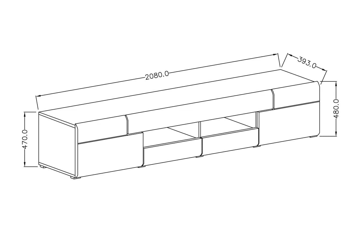 skříňka RTV Toledo 40 se třemi  zásuvkami i wneka 208 cm - bílý lesk / san remo TV skříňka dvoudveřová se třemi  zásuvkami i wneka Toledo 40 - Bílý lesk / san remo - Rozměry