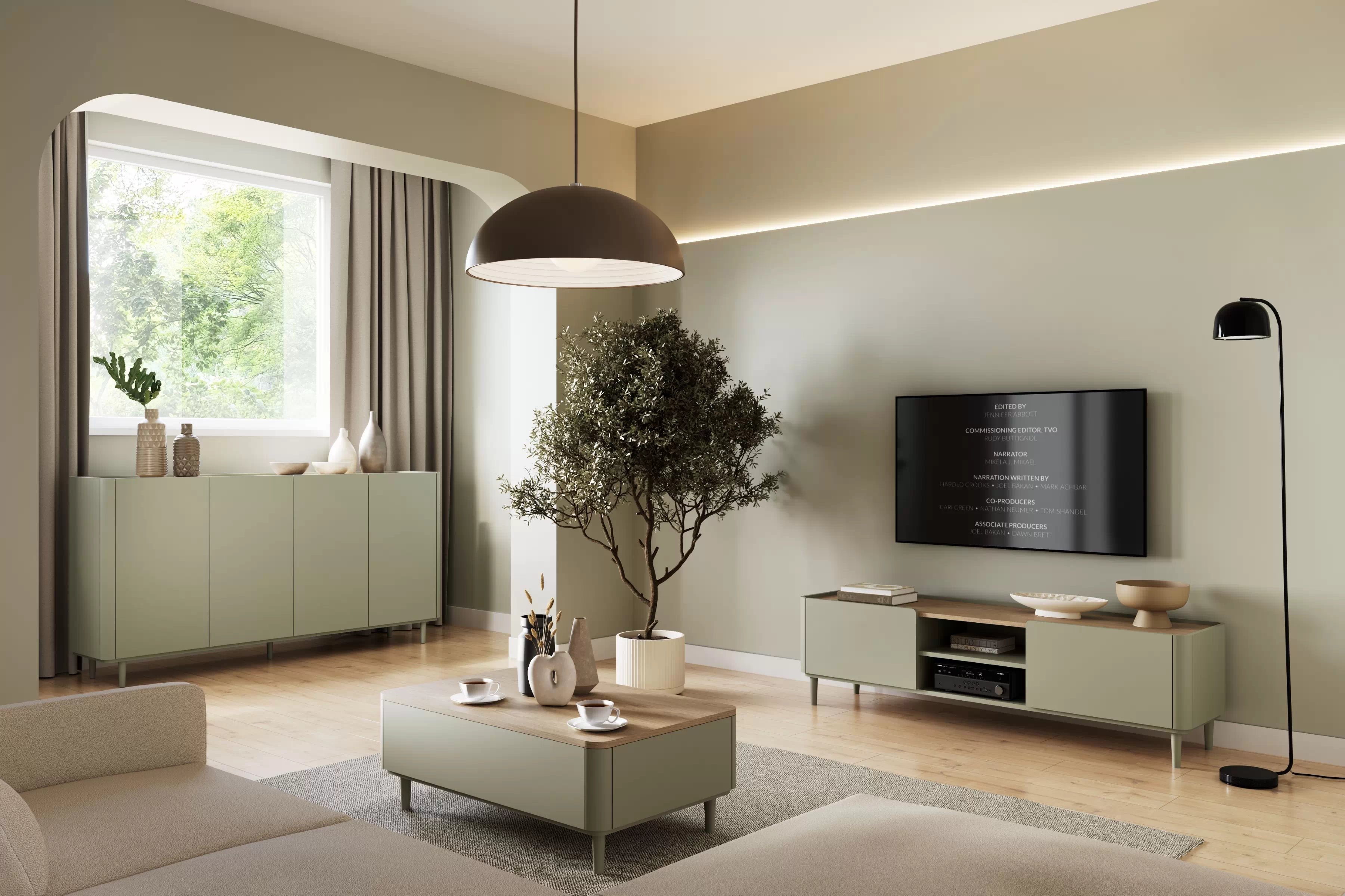 TV stolík Elivo 170 cm na nožičkách - eukalyptus / dub baltic dune TV skrinka Elivo 170 cm na nôžkach - eukaliptus / Dub baltic dune