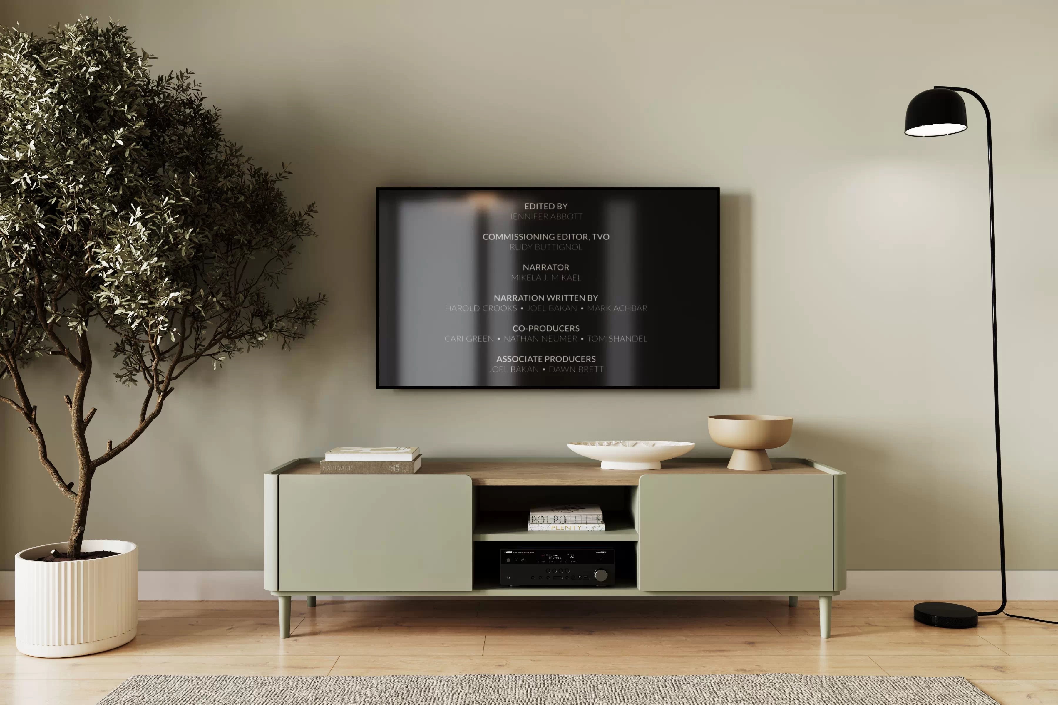 TV stolík Elivo 170 cm na nožičkách - eukalyptus / dub baltic dune TV skrinka Elivo 170 cm na nôžkach - eukaliptus / Dub baltic dune