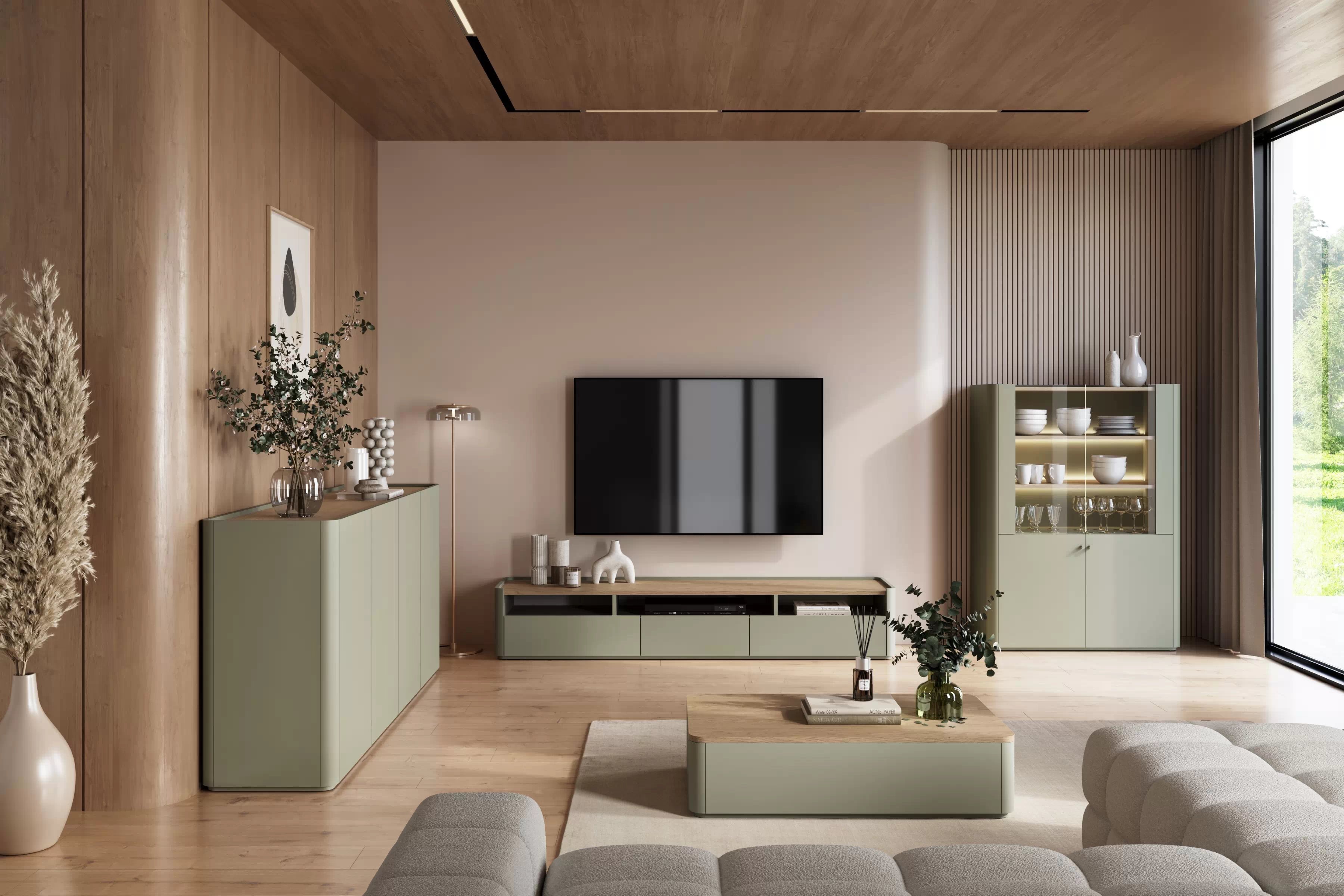 TV stolek Elivo 200 cm - eukalyptus / dub baltic dune skříňka RTV Elivo 200 cm - eukaliptus / dub baltic dune