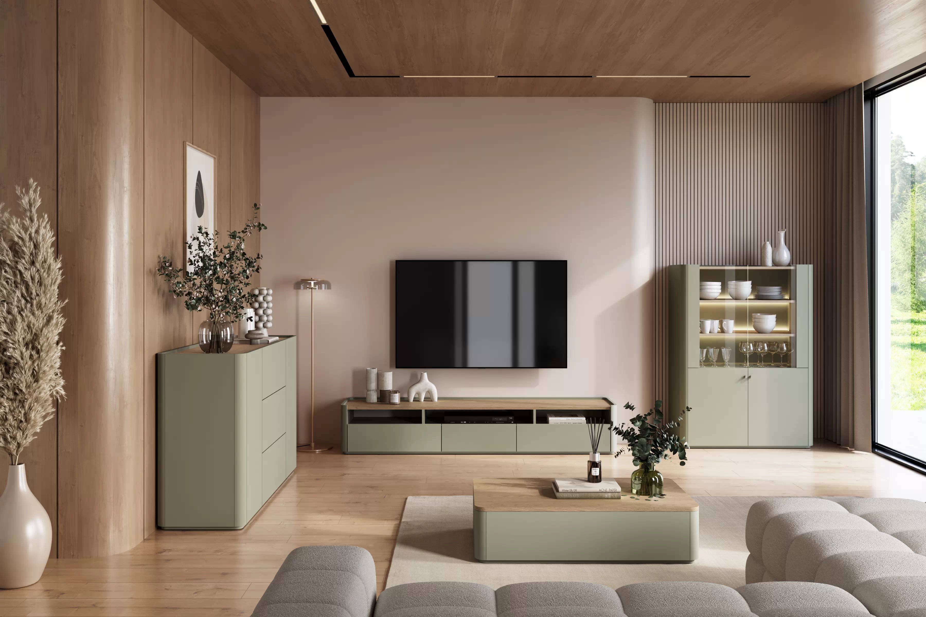 TV stolek Elivo 200 cm - eukalyptus / dub baltic dune skříňka RTV Elivo 200 cm - eukaliptus / dub baltic dune