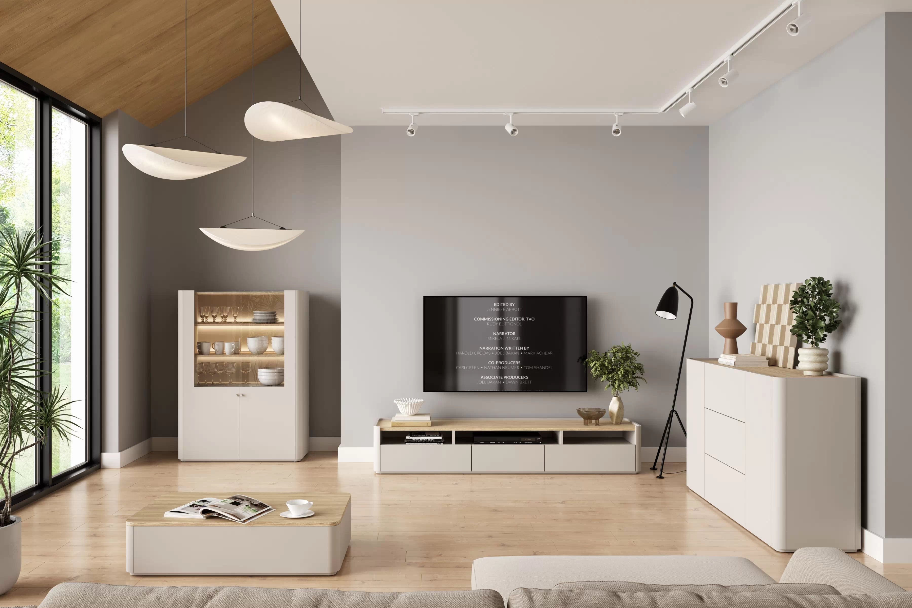 TV stolík Elivo 200 cm s dvoma zásuvkami - kašmír / olejovaný dub TV skrinka Elivo 200 cm - kašmír / Dub olejowany