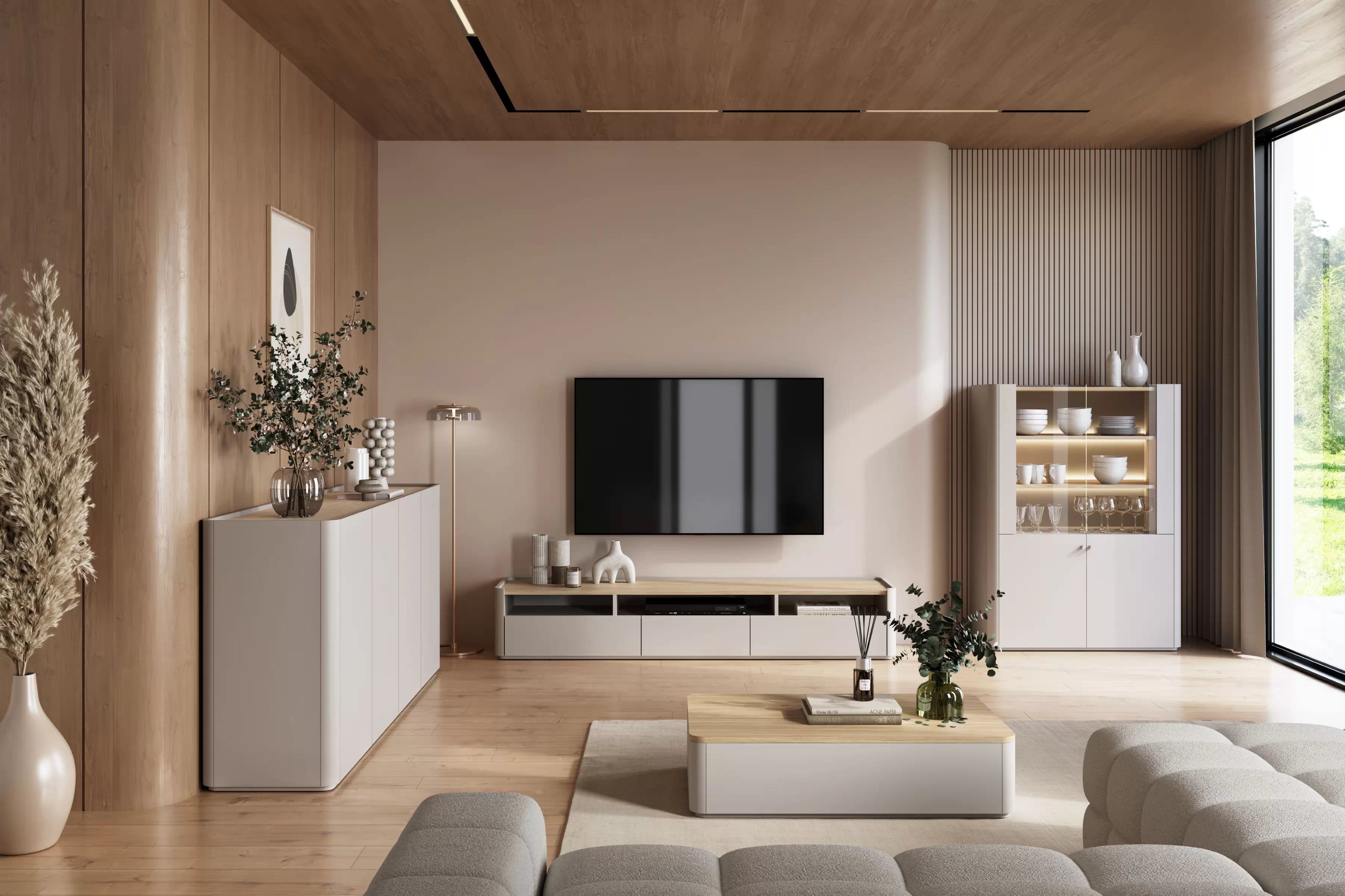 TV stolík Elivo 200 cm s dvoma zásuvkami - kašmír / olejovaný dub TV skrinka Elivo 200 cm - kašmír / Dub olejowany