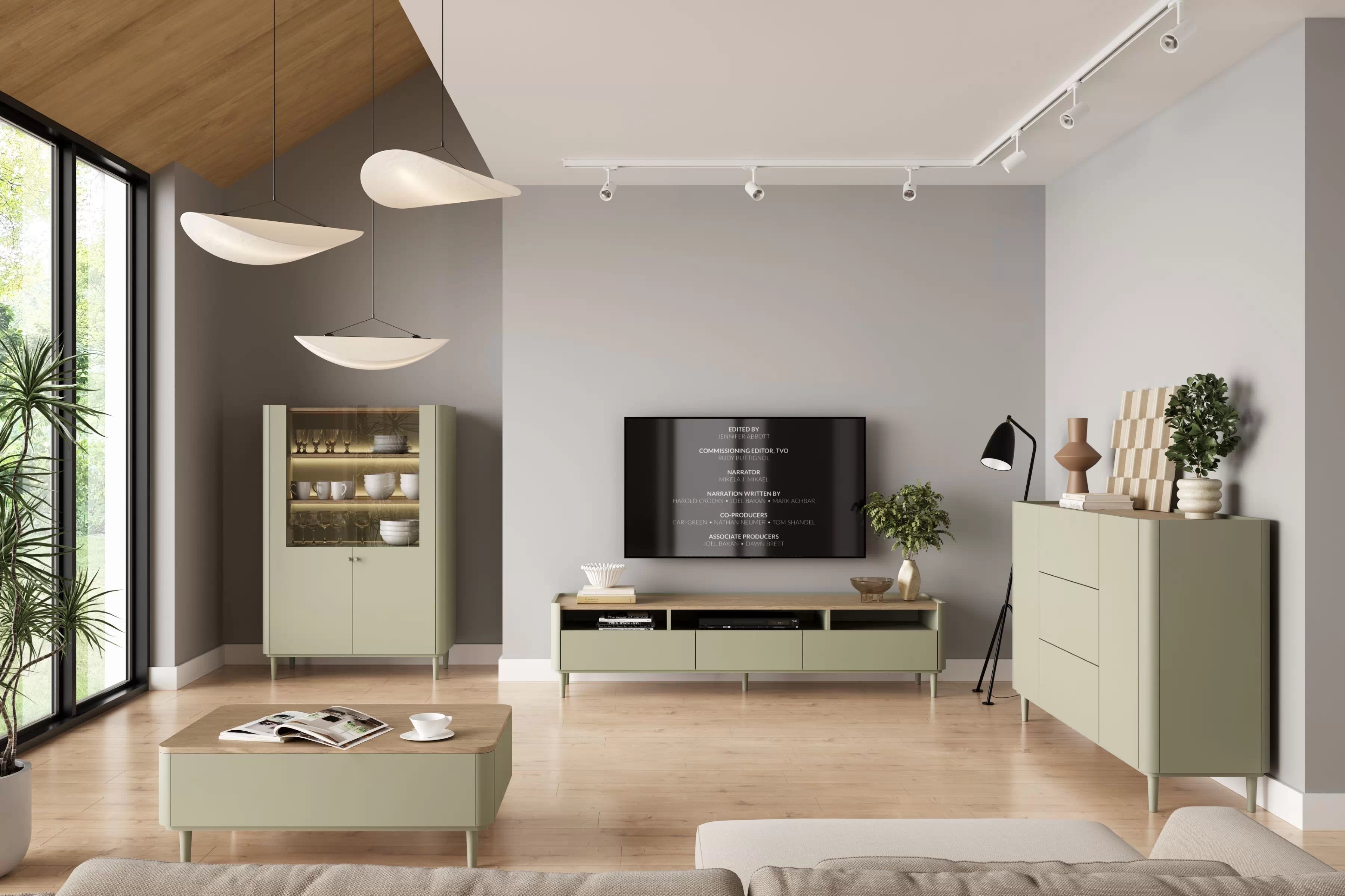 TV stolík Elivo 200 cm na nožičkách - eukalyptus / dub baltic dune TV skrinka Elivo 200 cm na nôžkach - eukaliptus / Dub baltic dune