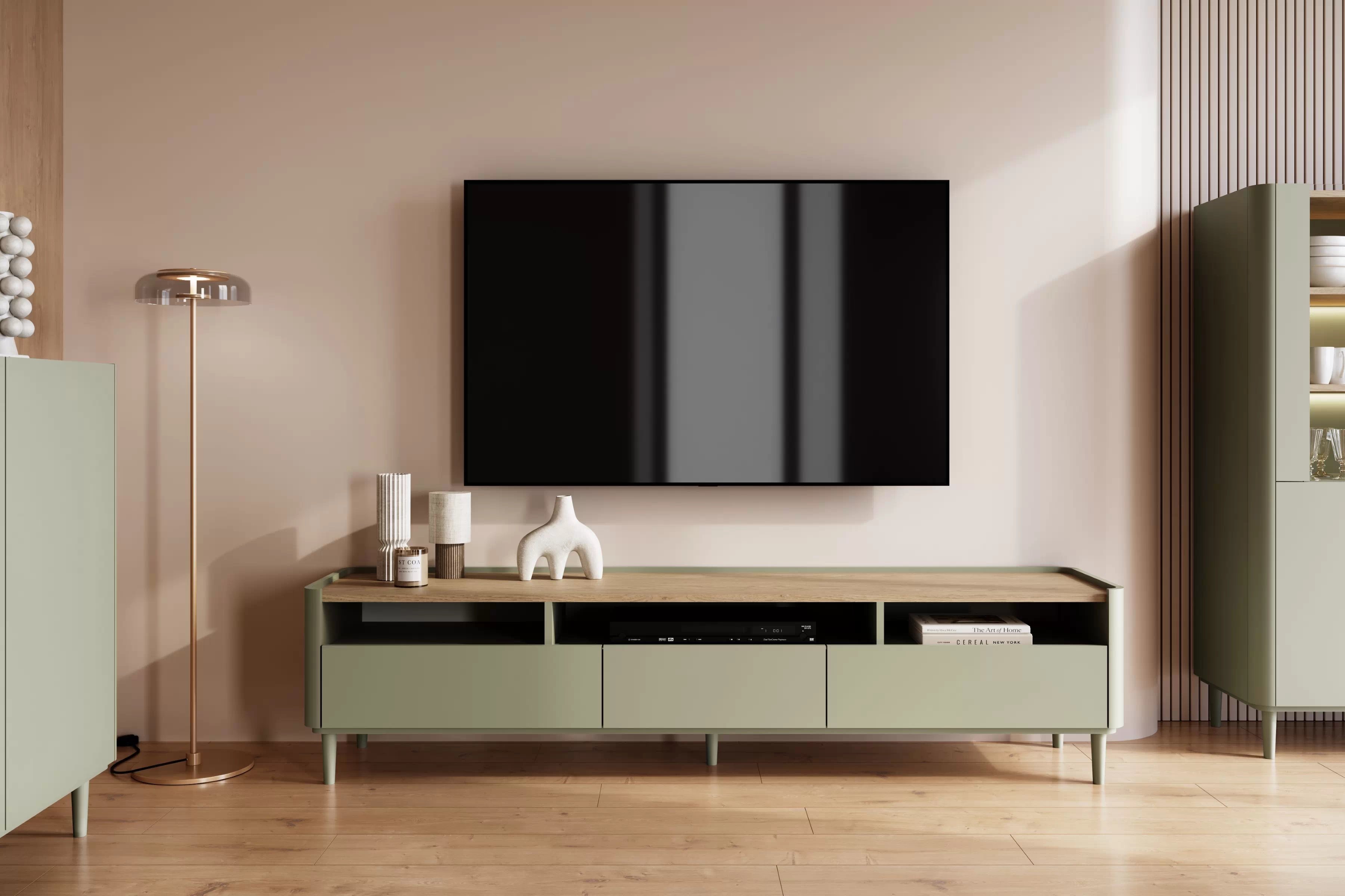 TV stolík Elivo 200 cm na nožičkách - eukalyptus / dub baltic dune TV skrinka Elivo 200 cm na nôžkach - eukaliptus / Dub baltic dune