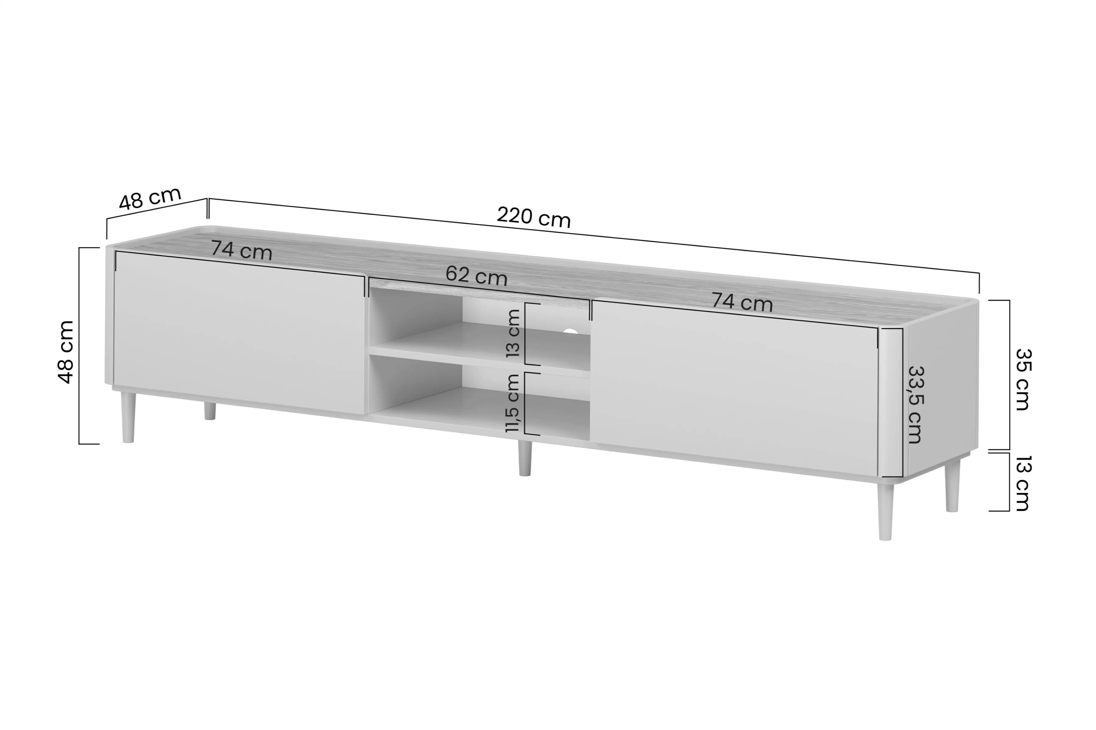 TV stolík Elivo 220 cm na nožičkách - eukalyptus / dub baltic dune TV skrinka Elivo 220 cm na nôžkach - eukaliptus / Dub baltic dune