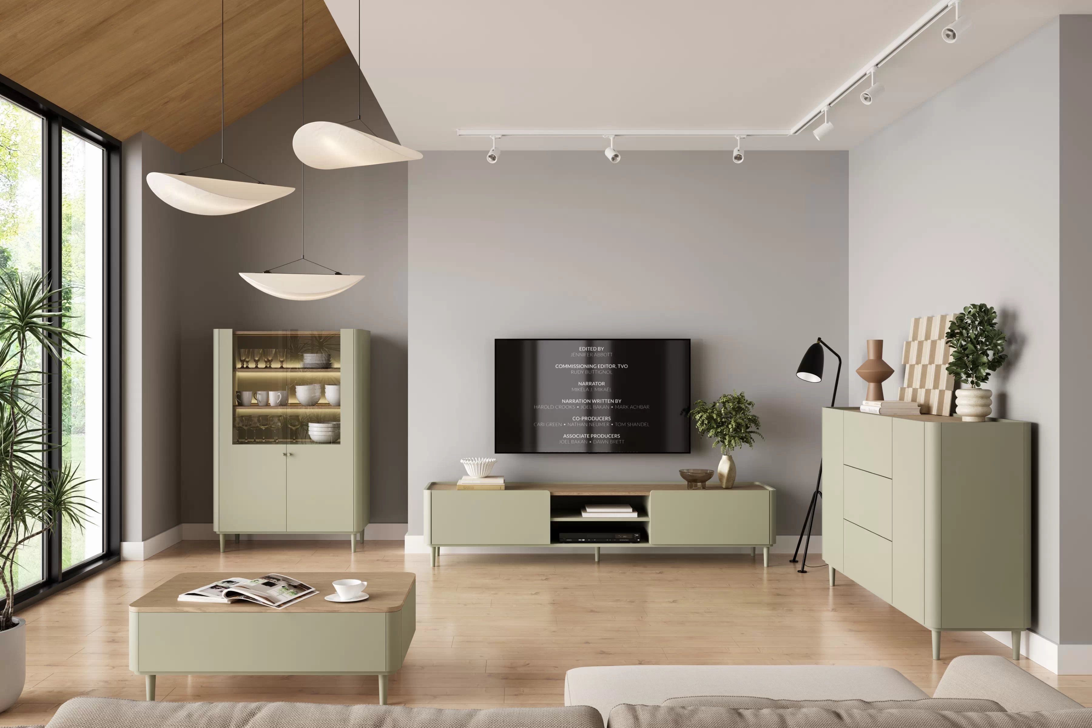 TV stolík Elivo 220 cm na nožičkách - eukalyptus / dub baltic dune TV skrinka Elivo 220 cm na nôžkach - eukaliptus / Dub baltic dune