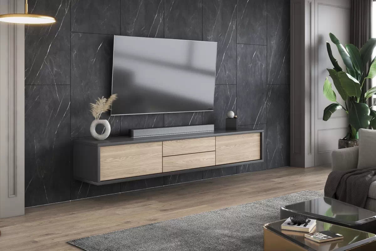 TV stolík Frida 180 cm so zásuvkami - antracitová / dub olejovaný TV skrinka Frida 39 so zásuvkami 180 cm - Antracytová / Dub olejowany