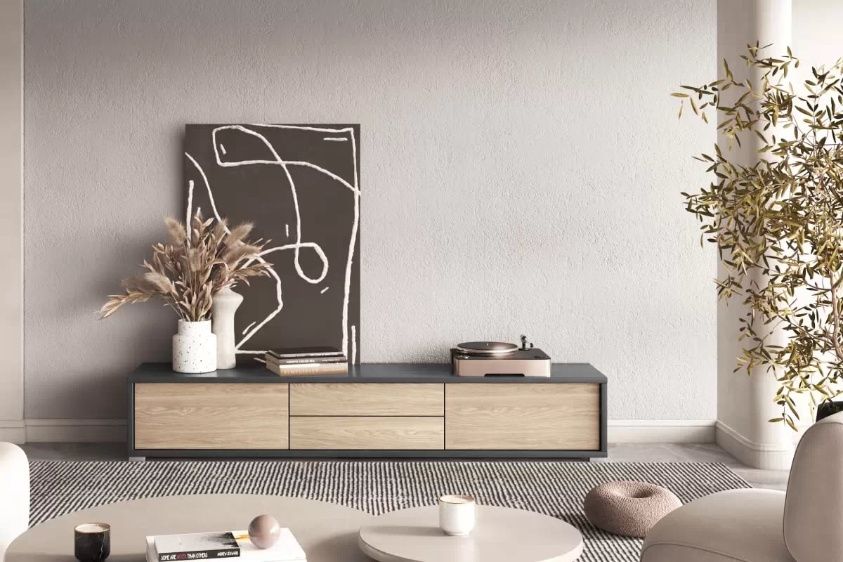 TV stolík Frida 180 cm so zásuvkami - antracitová / dub olejovaný TV skrinka Frida 39 so zásuvkami 180 cm - Antracytová / Dub olejowany