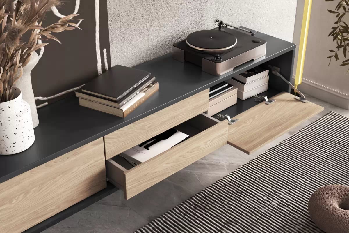 TV stolík Frida 180 cm so zásuvkami - antracitová / dub olejovaný TV skrinka Frida 39 so zásuvkami 180 cm - Antracytová / Dub olejowany