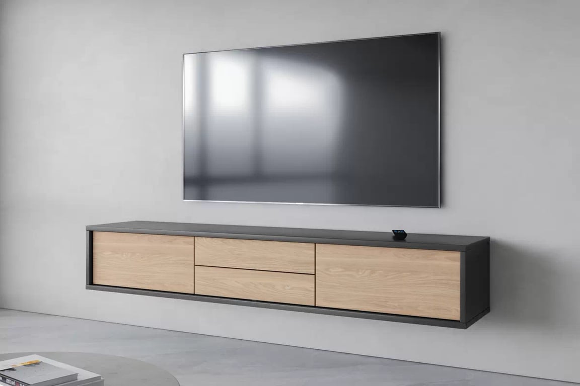TV stolík Frida 180 cm so zásuvkami - antracit / olejovaný dub TV skrinka Frida 39 so zásuvkami 180 cm - Antracytová / Dub olejowany