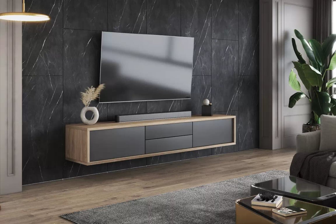 TV stolík Frida 180 cm so zásuvkami - olejovaný dub / antracit TV skrinka Frida 39 so zásuvkami 180 cm - Dub olejowany / Antracytová