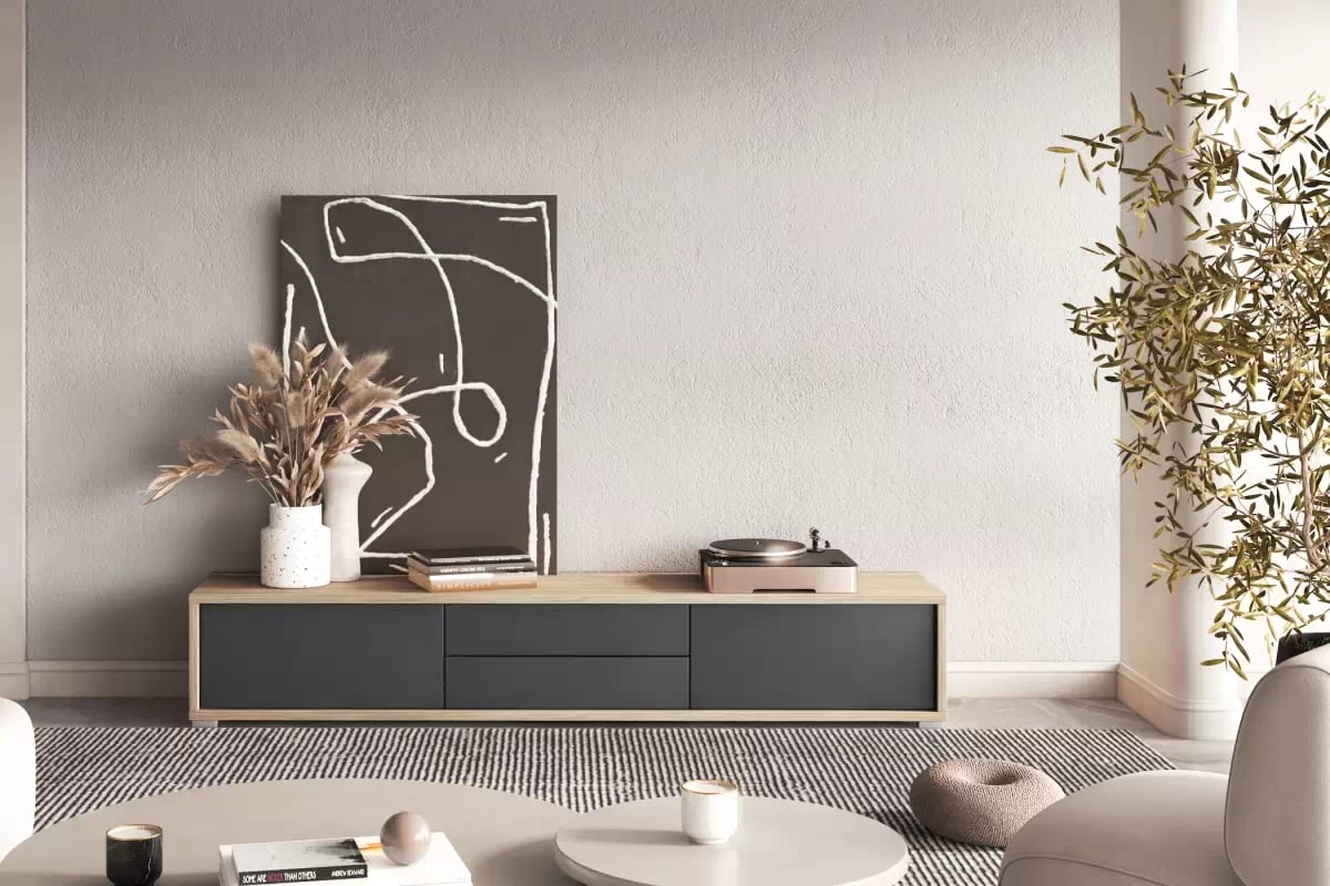 TV stolík Frida 180 cm so zásuvkami - dub olejovaný / antracitová TV skrinka Frida 39 so zásuvkami 180 cm - Dub olejowany / Antracytová