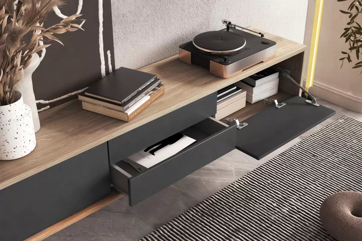 TV stolík Frida 180 cm so zásuvkami - dub olejovaný / antracitová TV skrinka Frida 39 so zásuvkami 180 cm - Dub olejowany / Antracytová