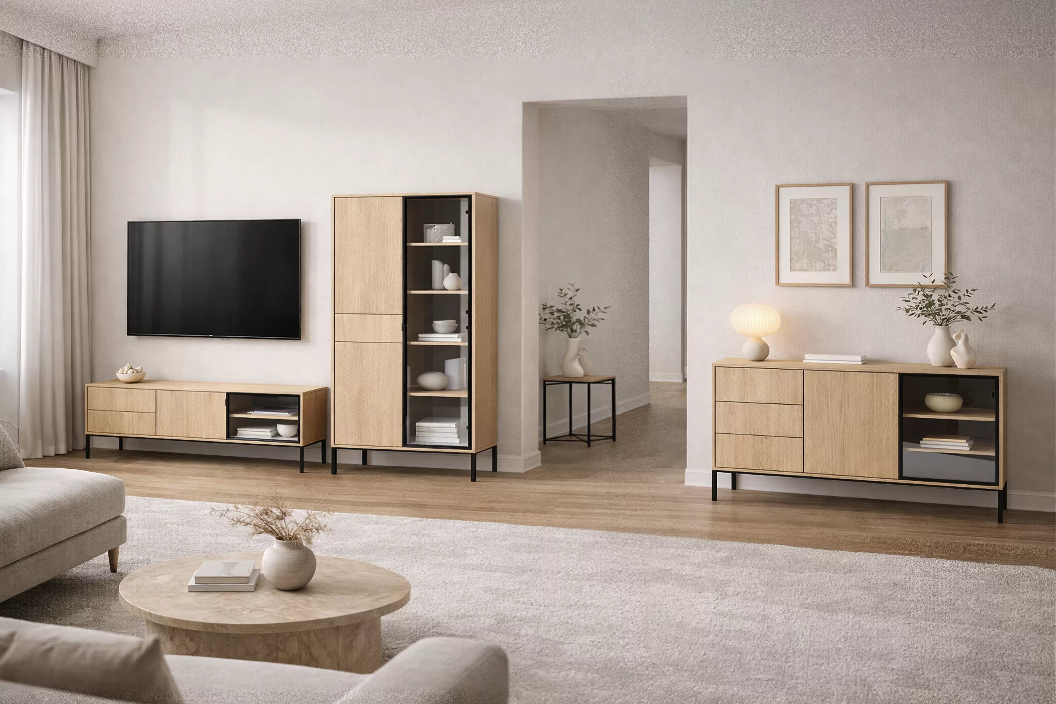 TV stolík Harmona 160 cm s osvetlením - dub lindberg TV skrinka Harmona 160 cm so zásuvkami i oswietleniem - Dub lindberg