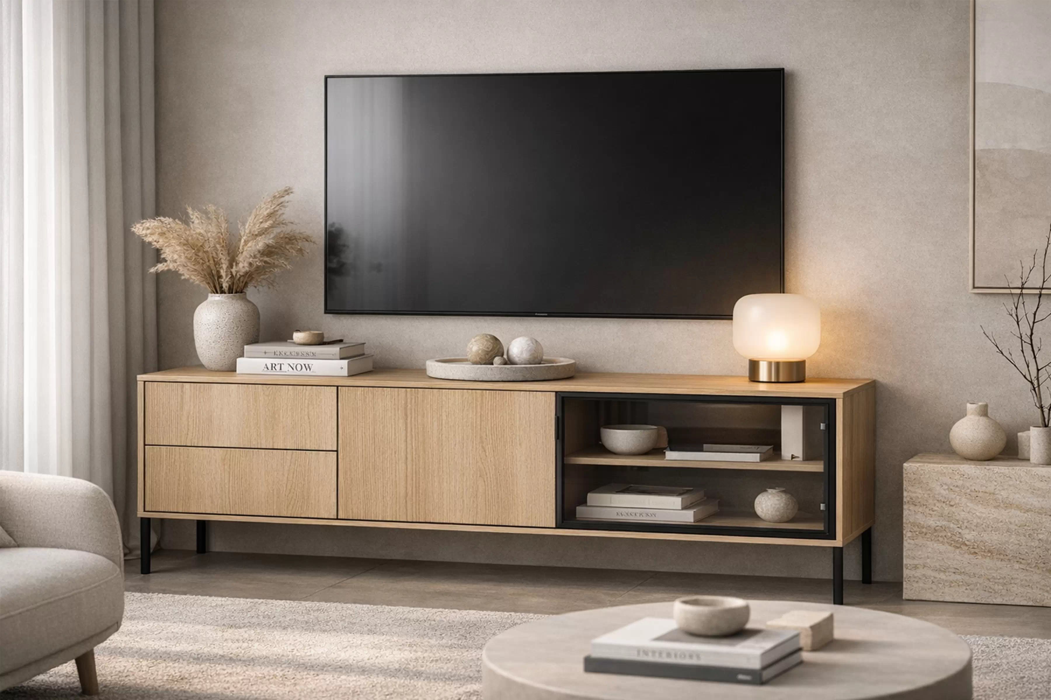 TV stolík Harmona 160 cm s osvetlením - dub lindberg TV skrinka Harmona 160 cm so zásuvkami i oswietleniem - Dub lindberg